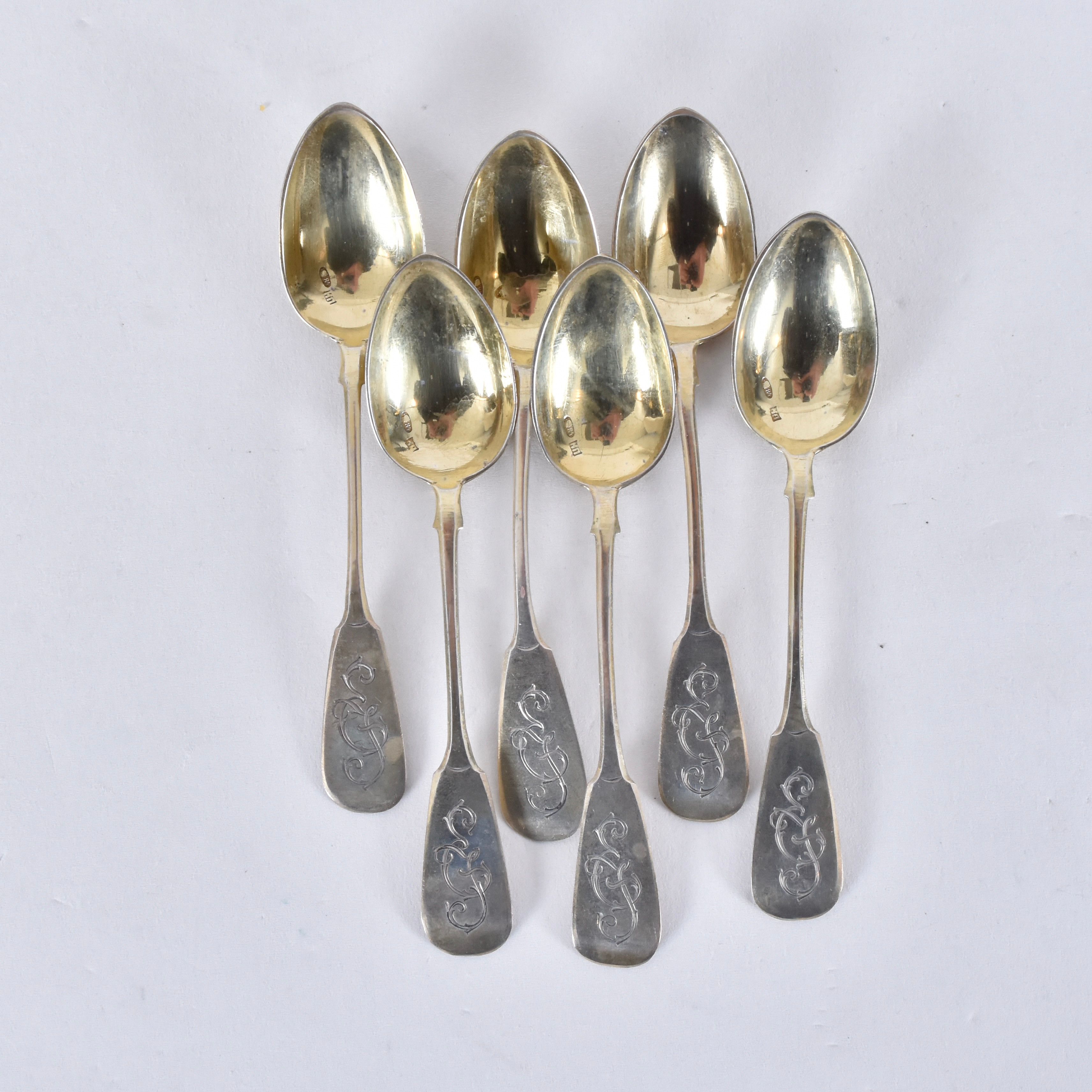 THESKEDAR, 6 st, förgyllt silver, stämplade Moskva 1908-17.