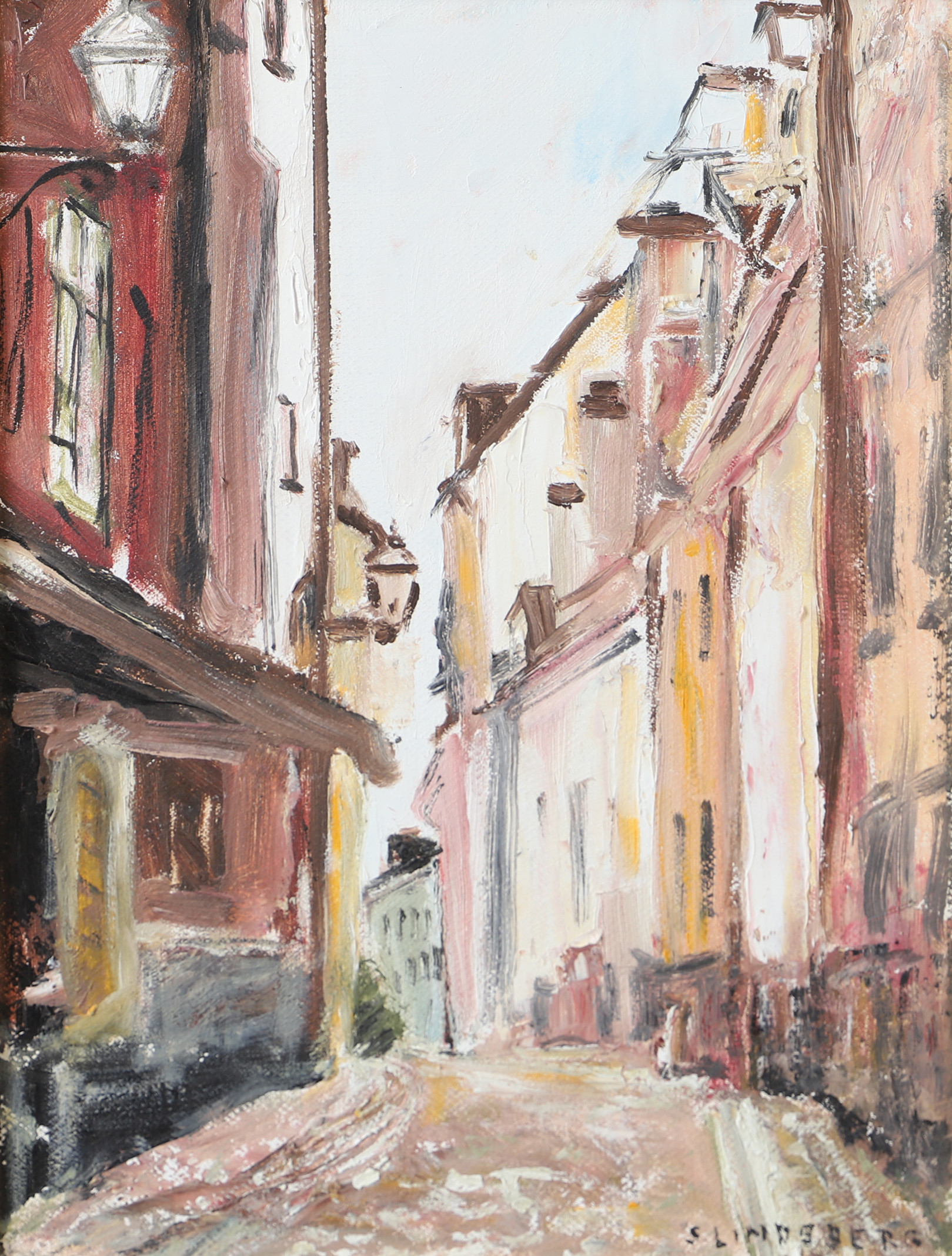 OIDENTIFIERAD KONSTNÄR. Bakgata, olja på duk, signerad S. Lindeberg.