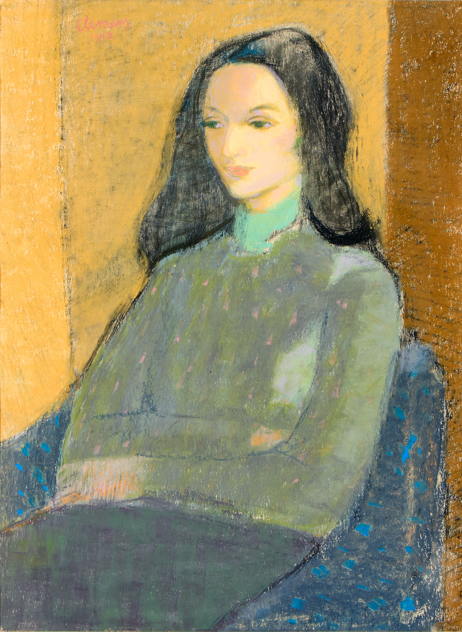 CURT CLEMENS (1911-1947). Porträtt av sittande kvinna mot gulbrun fond.