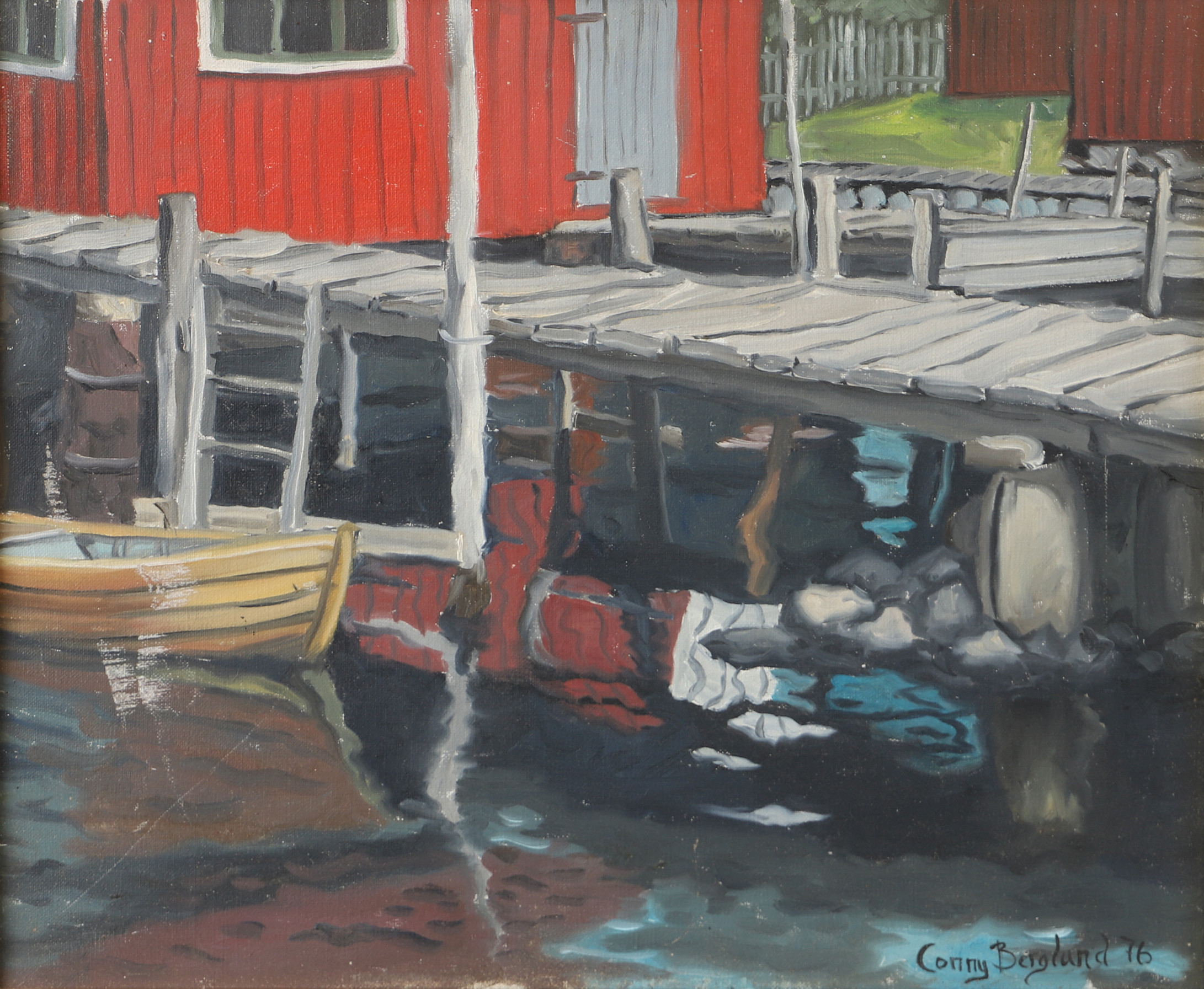 CONNY BERGLUND. "Från fiskeläge på Orust Bohuslän", olja på duk, signerad 76.