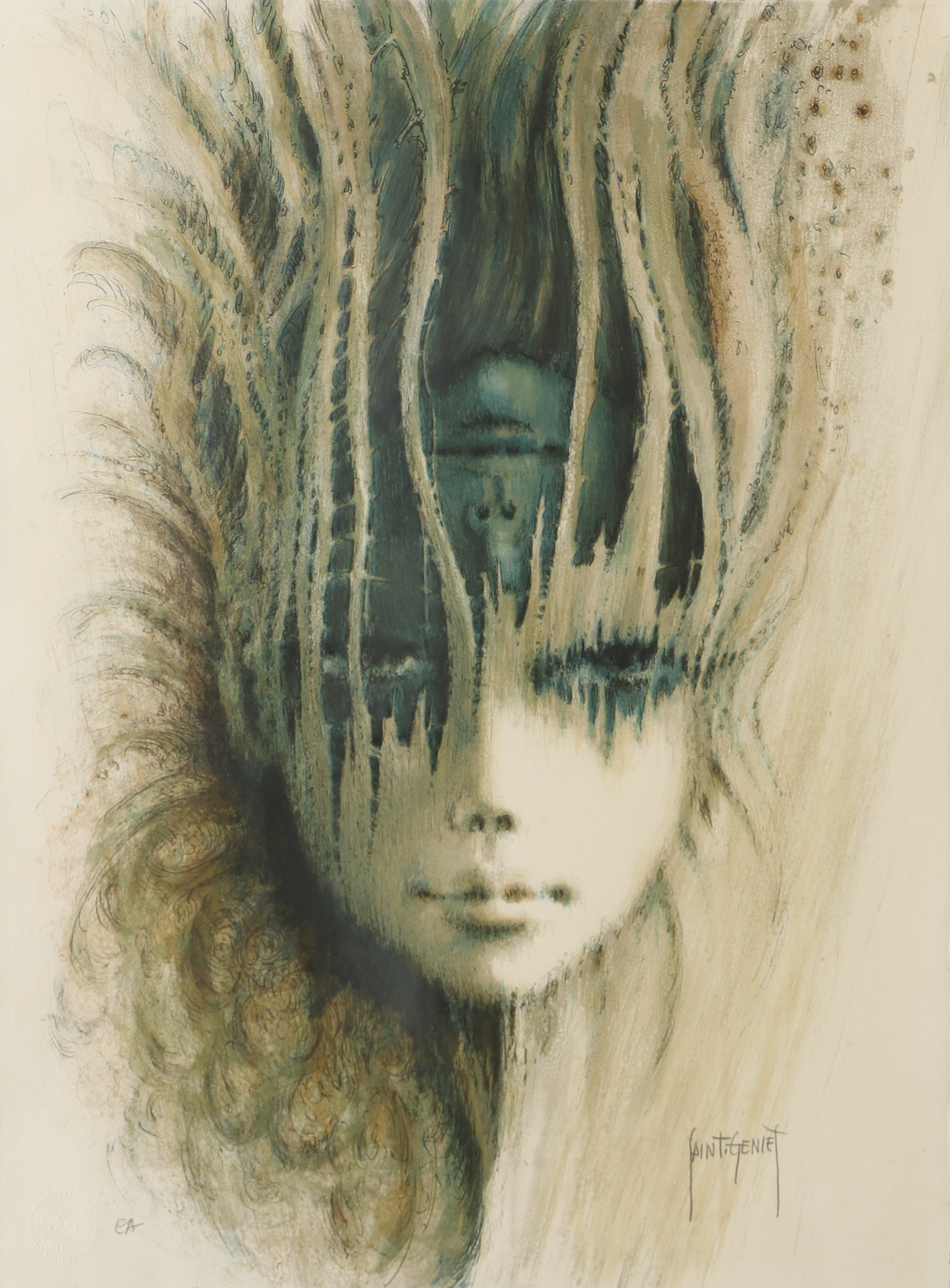 FRANCIS DE LASSUS SAINT-GENIES. Figurkomposition, färglitografi, signerad Saint-Genies.