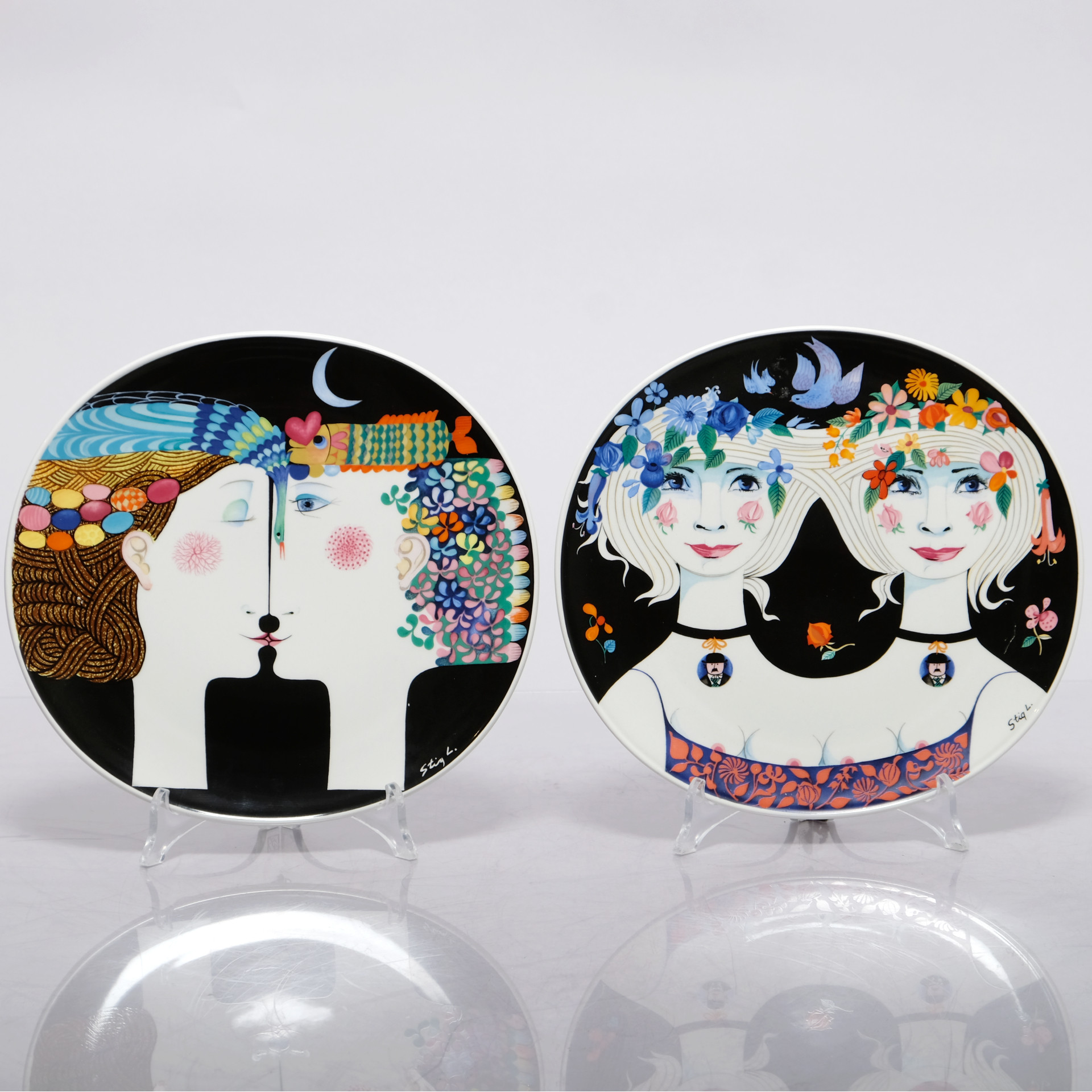 STIG LINDBERG. Art plate, No 1 & No 2, "Månsken" & "Tvillingarna", Gustavsberg.