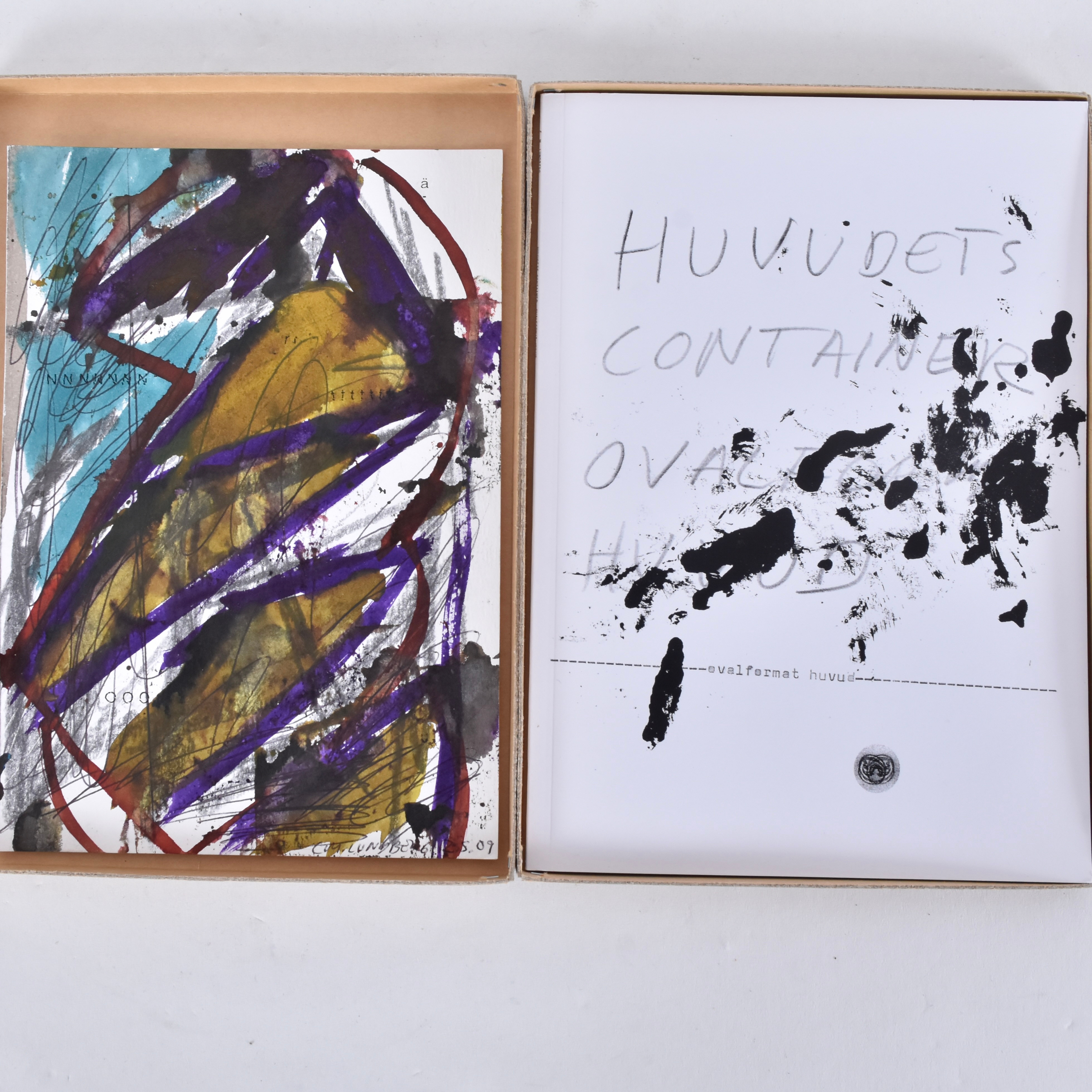 CARL MICHAEL LUNDBERG. utställningskatalog i skyddskassett, "huvudets container ovalformat huvud".