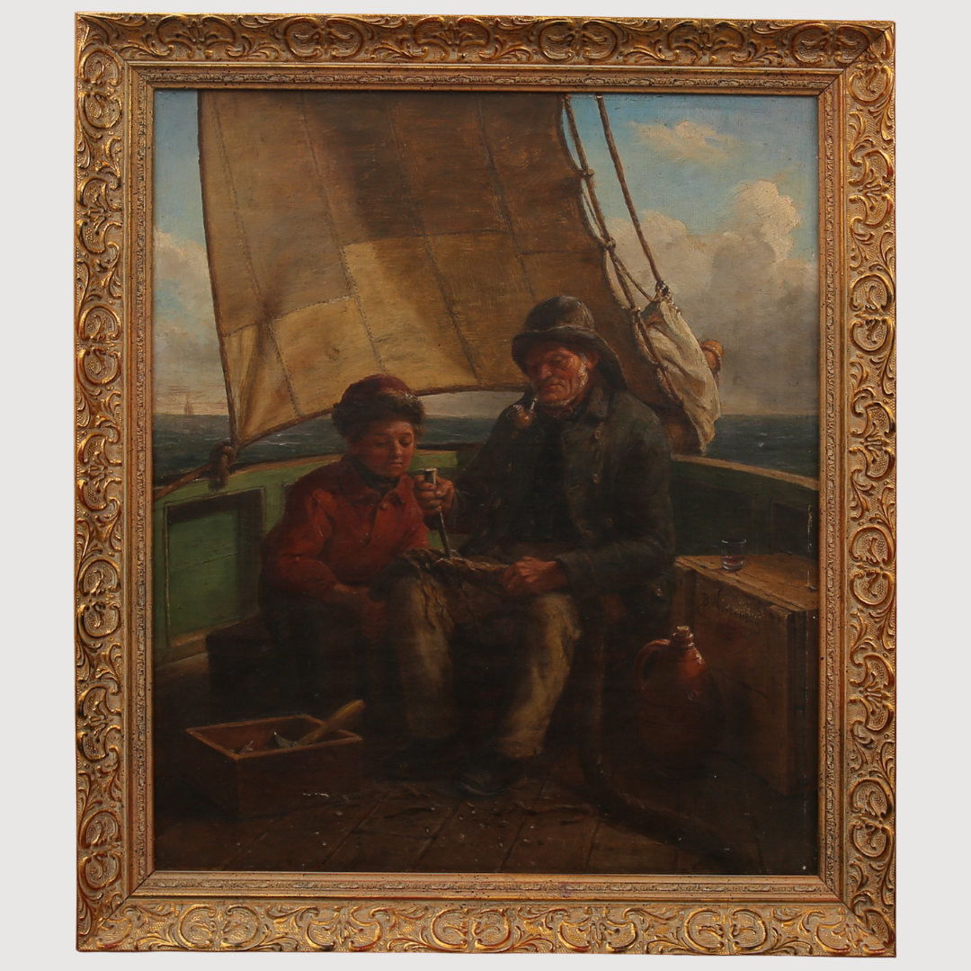 BENGT NORDENBERG. Olja på duk, "Fiskare arbetar med rep på fartyg, signerad , 1800- talets slut.