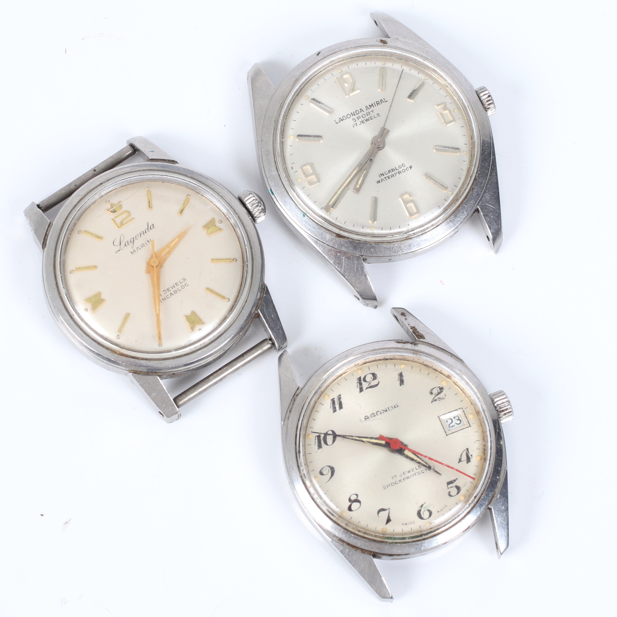 ARMBANDSUR, 3 st. stål, Lagonda, bl.a. Amiral Sport och Marin. 1900-talets mitt.