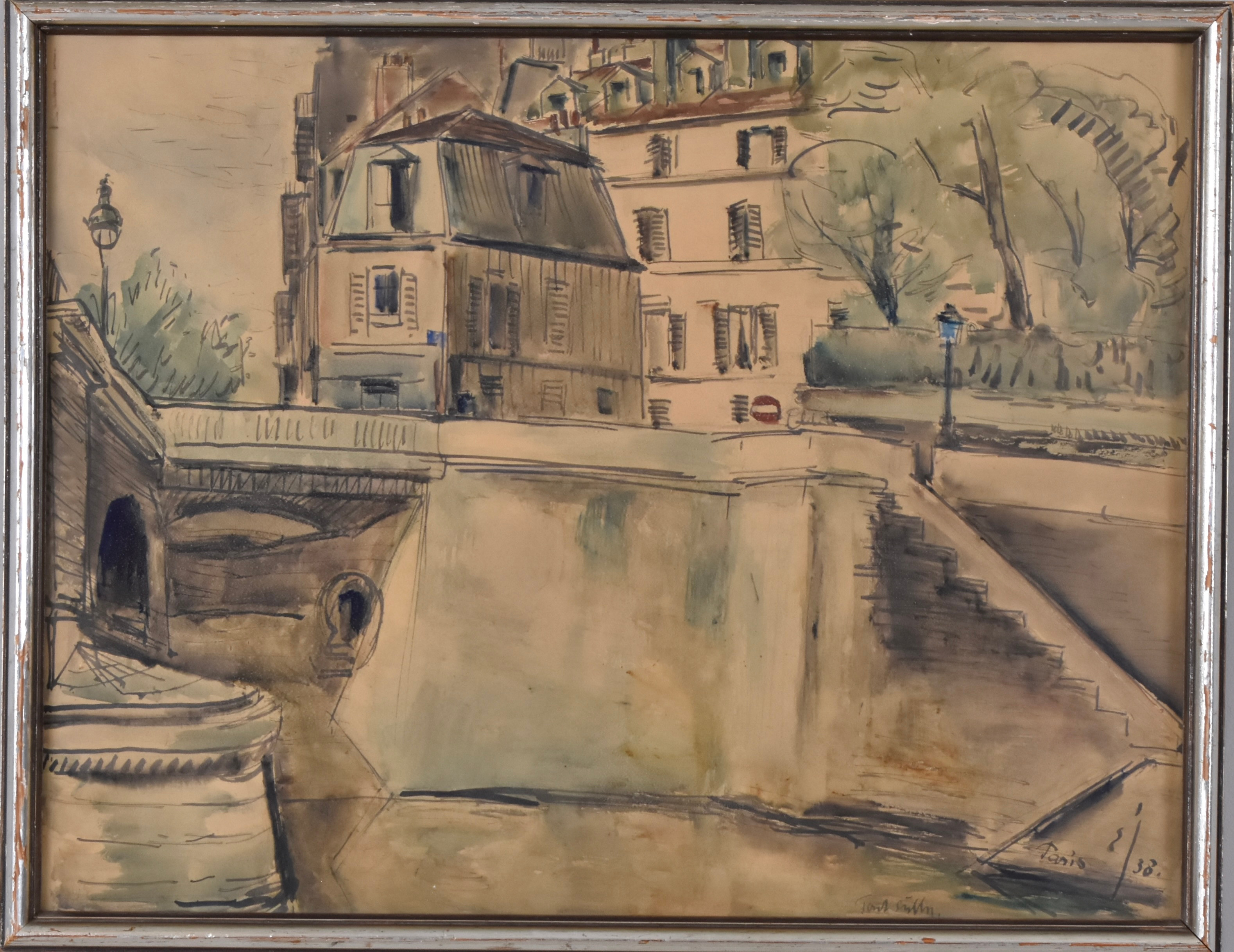 OIDENTIFIERAD KONSTNÄR. akvarell, motiv från Île Saint Louis i Paris.