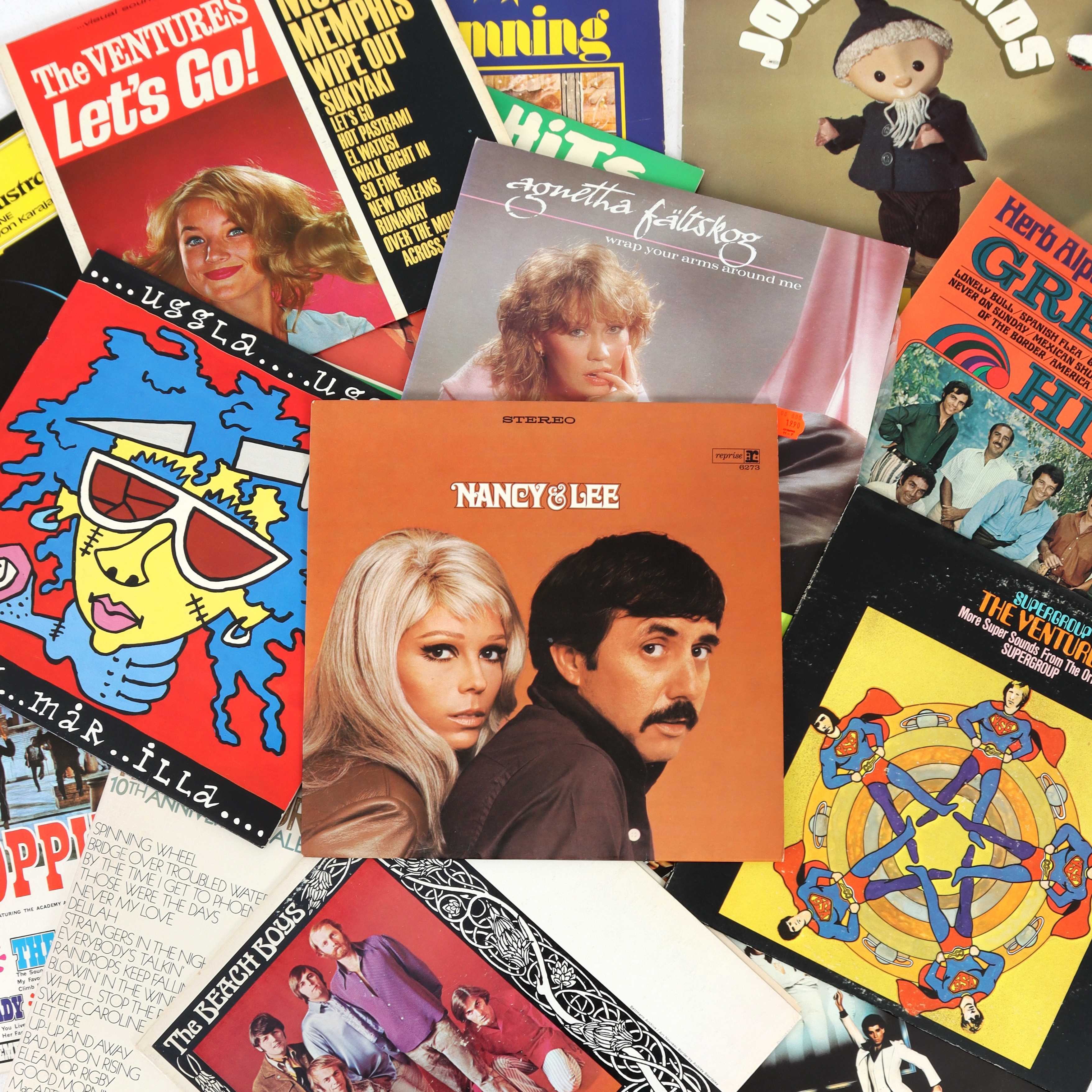 LP-SKIVOR, ca 80 st, bl.a. Telstars, Johnny Rivers, The Ventures, Elvis Presley (Ink Poster), Nancy Sinatra, Bruce Springsteen, mfl. 1970-tal.