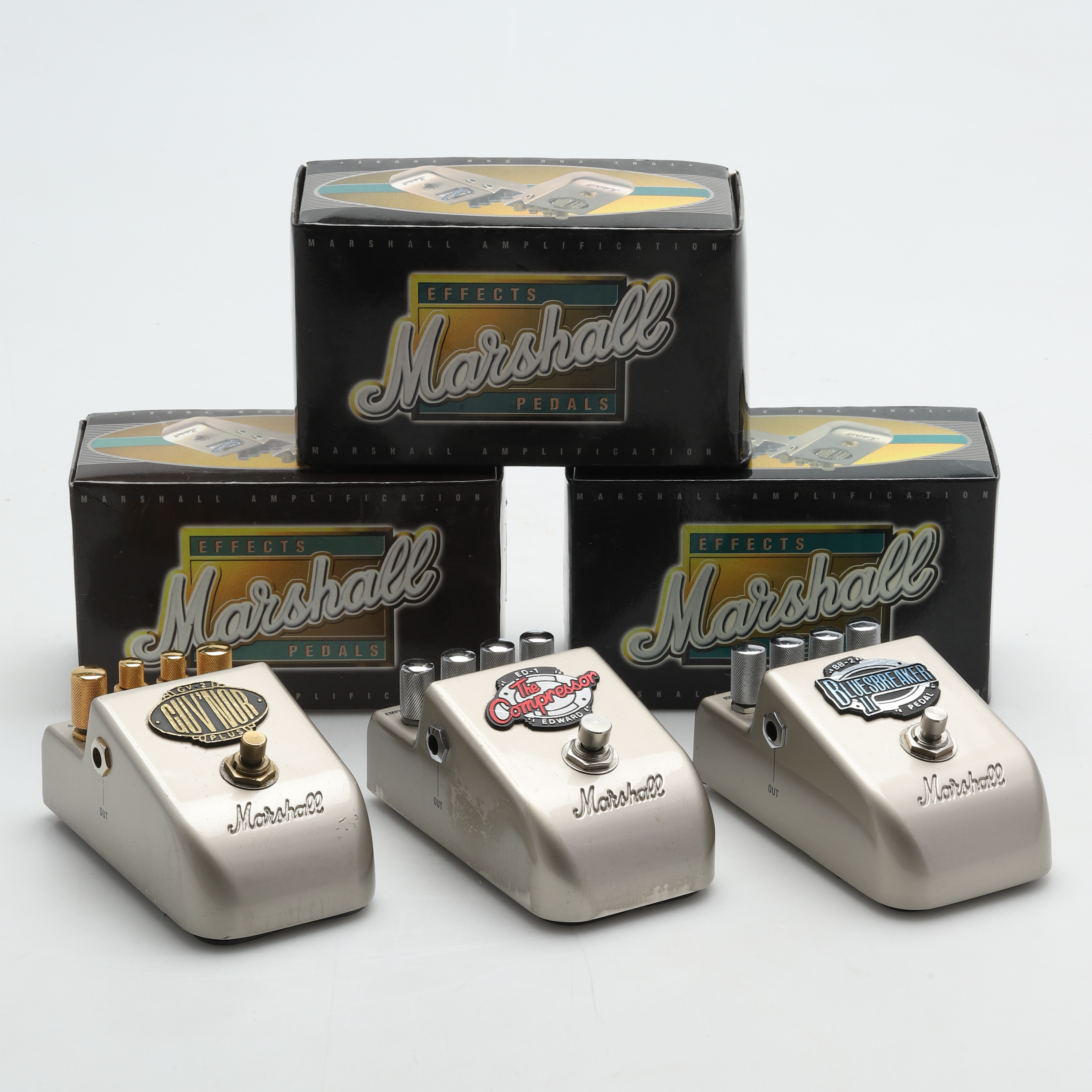 EFFEKTPEDALER, för elgitarr, 3 st, Marshall GV-2, ED-1 samt BB-2.