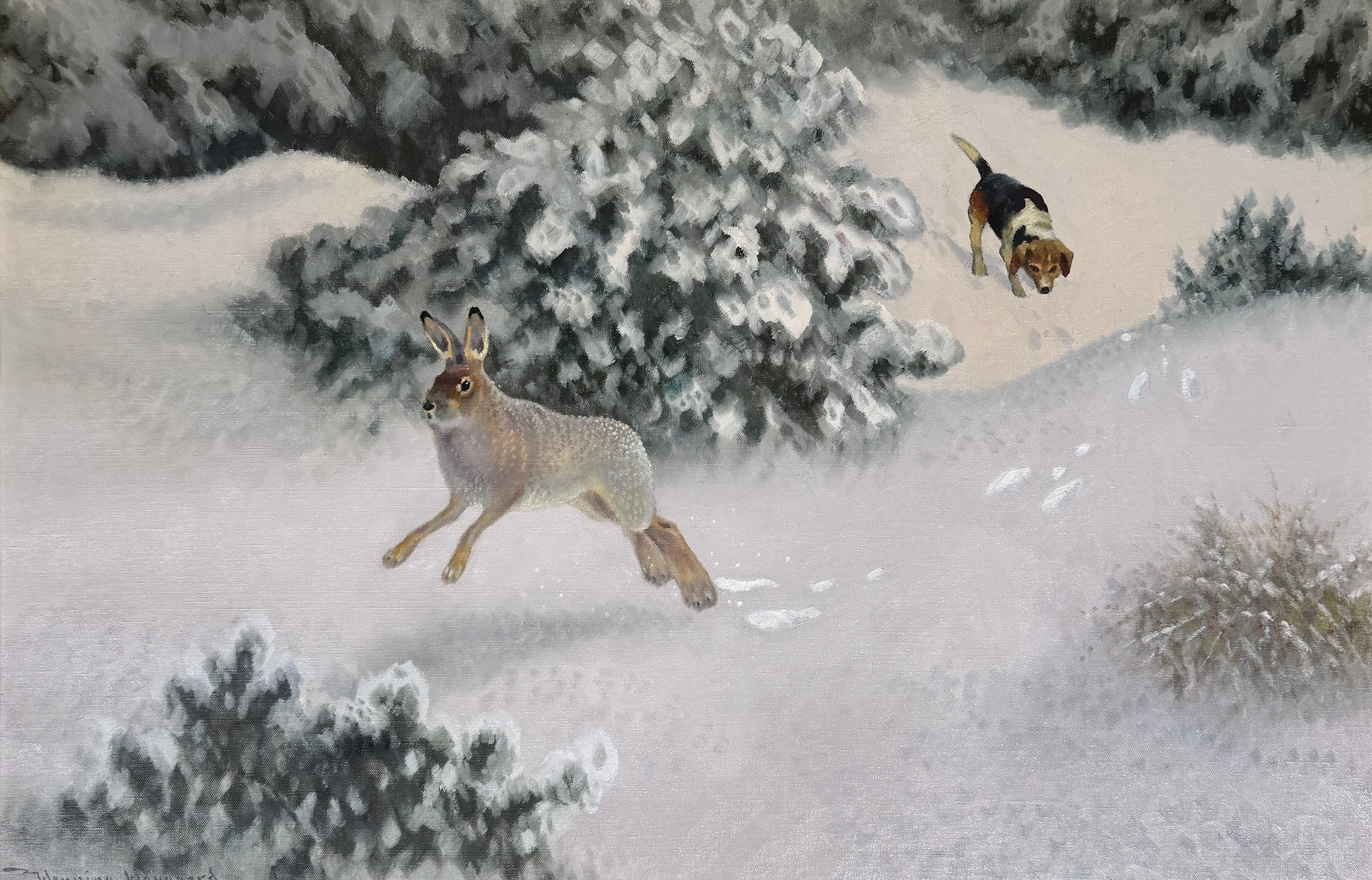 HENNING HOUGAARD. Vinterlandskap med hund och hare. Olja på duk.