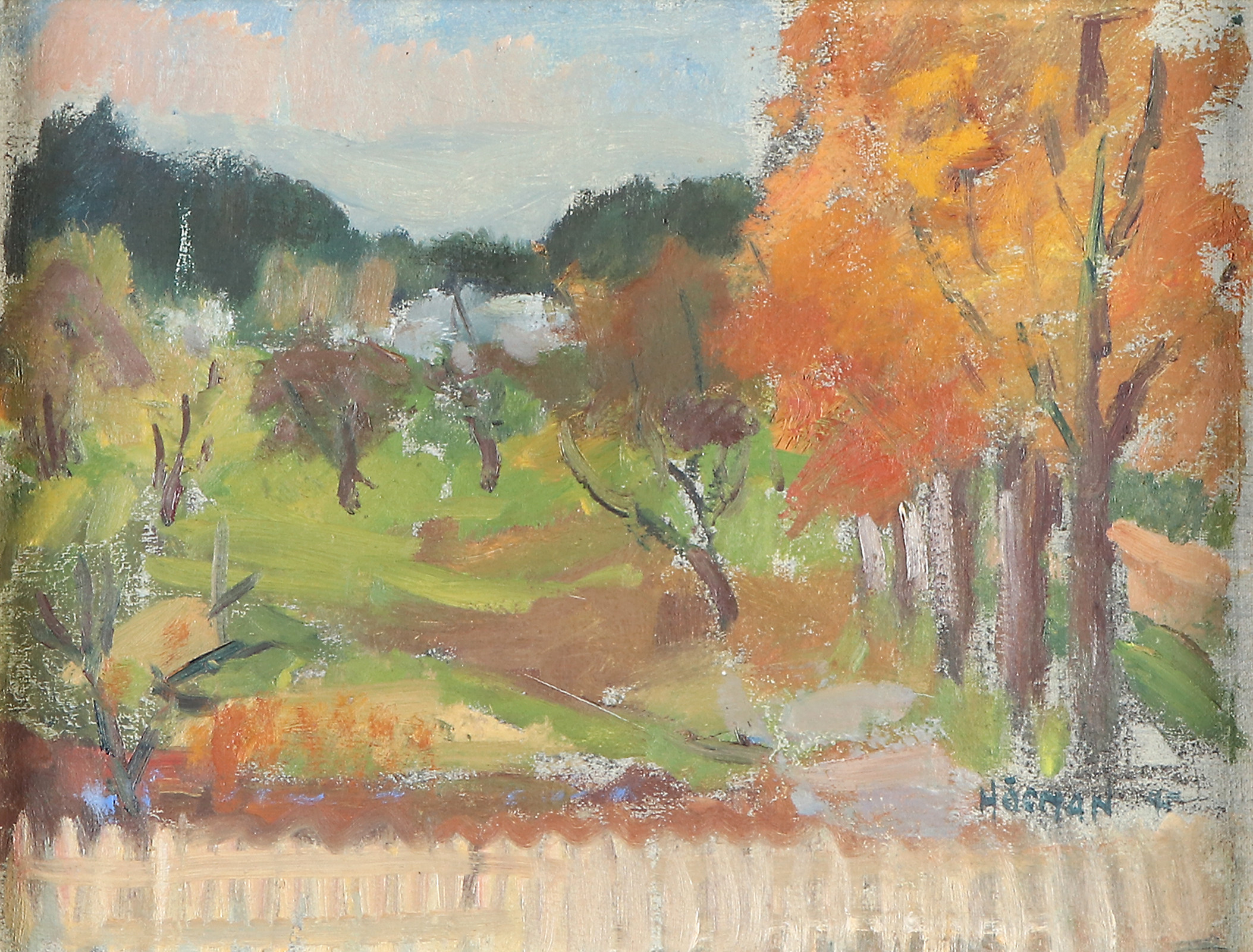 RAGNAR HÖGMAN. Oljemålning på pannå. "Höst". Signerad.