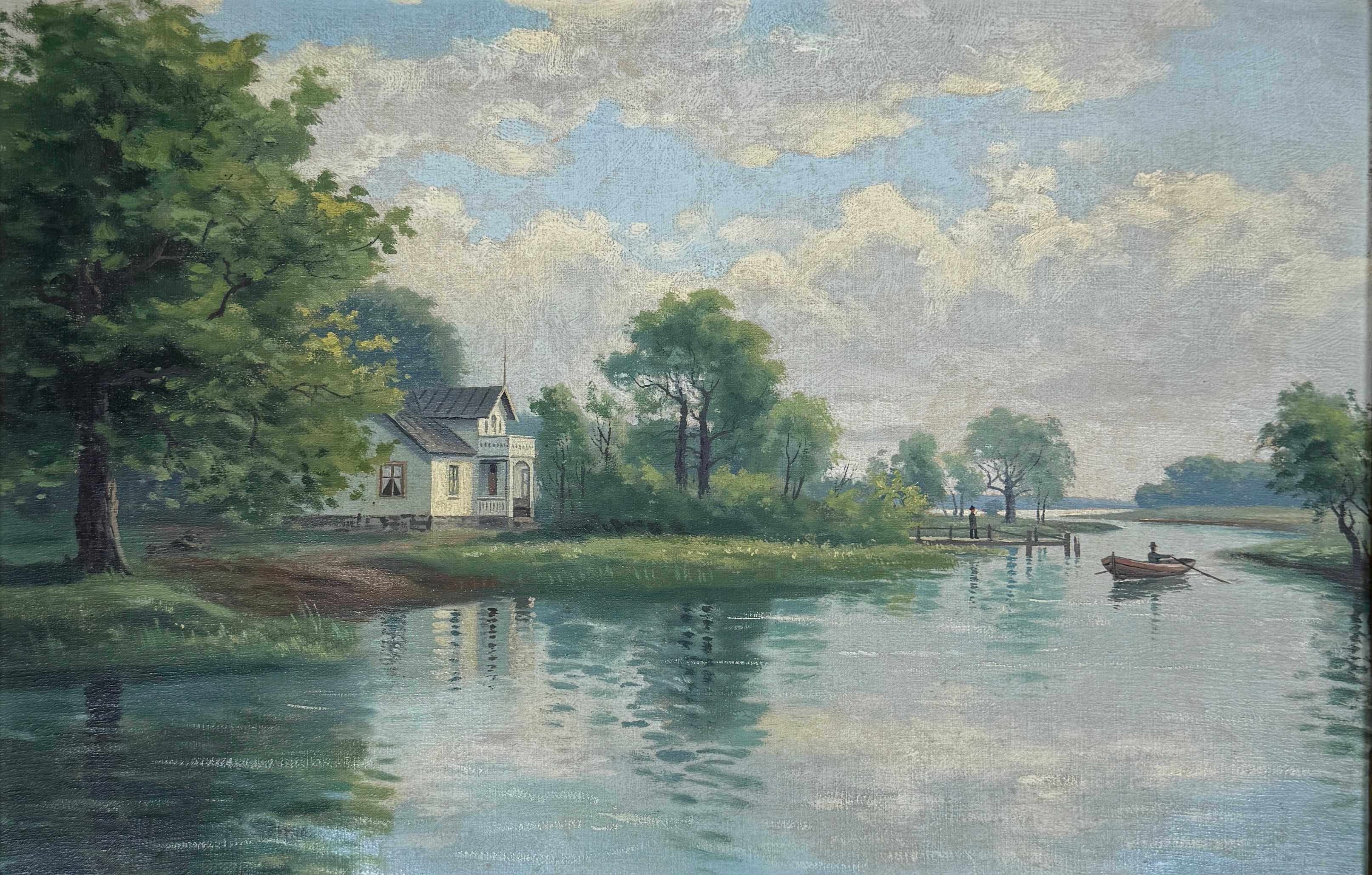 OIDENTIFIERAD KONSTNÄR. Landskap med hus, man i roddbåt på sjö. Olja på duk, uppklistrad på pannå, signerad G. Robé och daterad 1911.