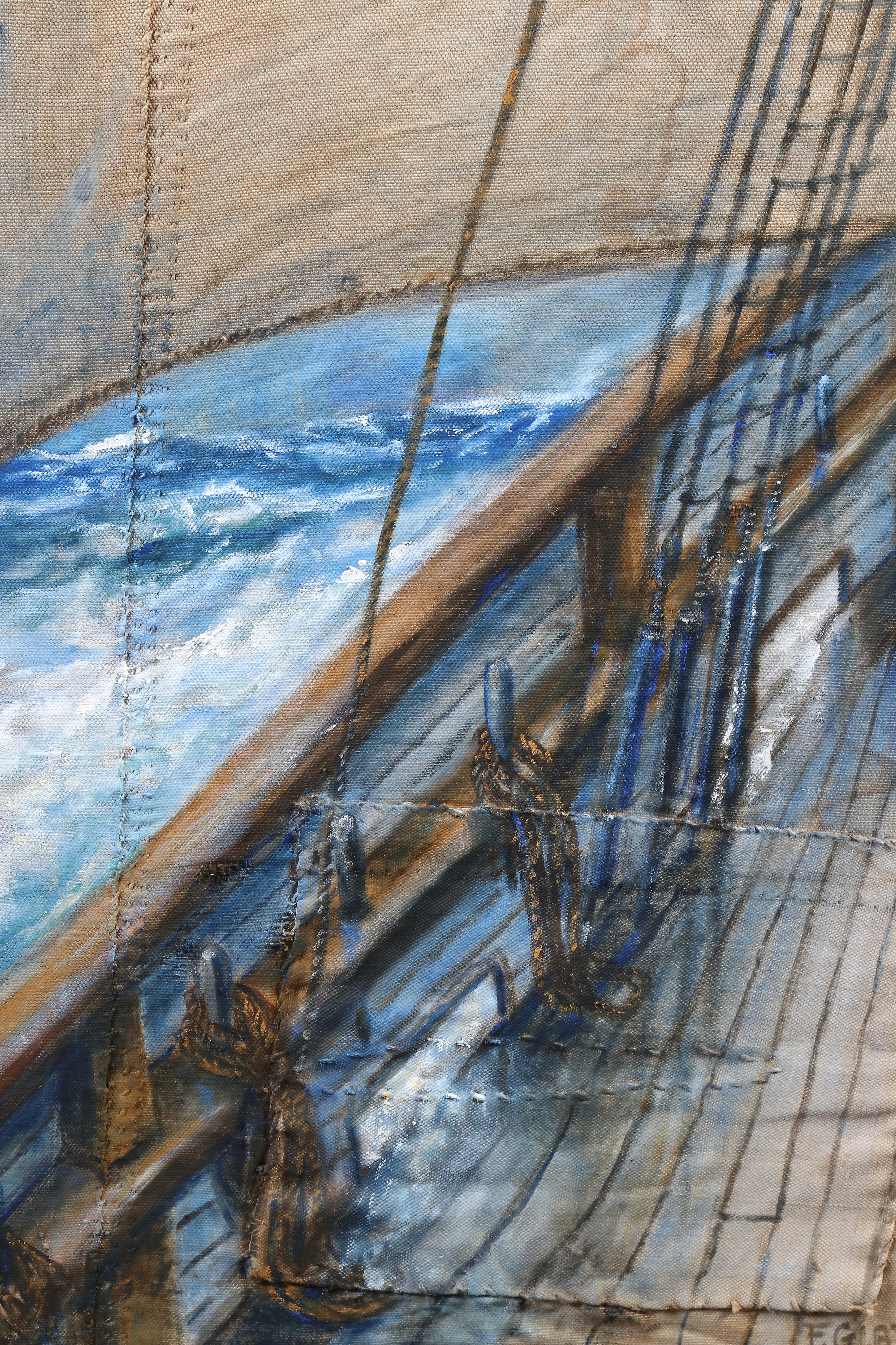 FRANZ GLATZL. Oljemålning på segelduk. Marint motiv, "På segel från barken Viking". Signerad.