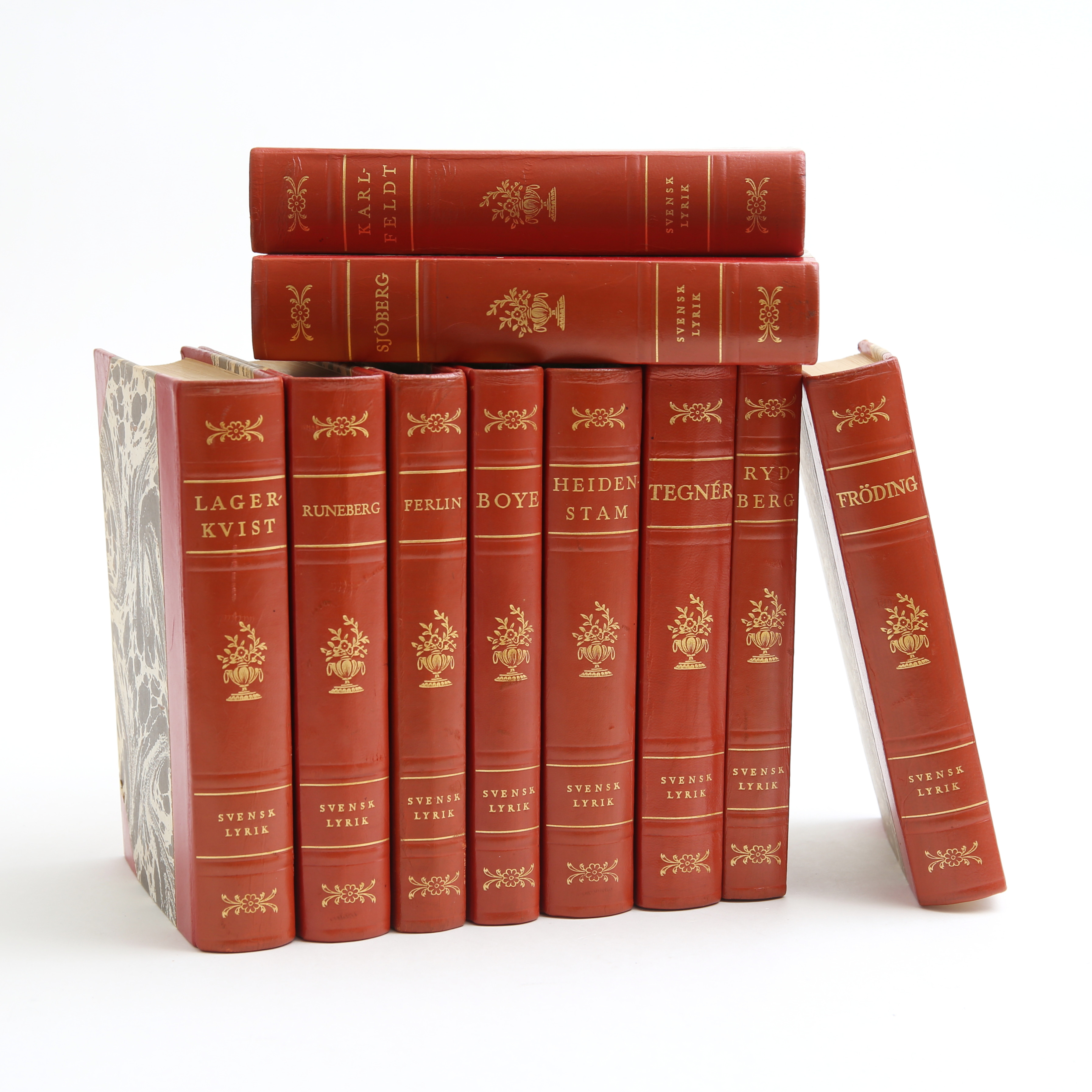 BOKBAND med SVENSK LYRIK, 10 delar, Albert Bonnier, 1900-talets mitt.