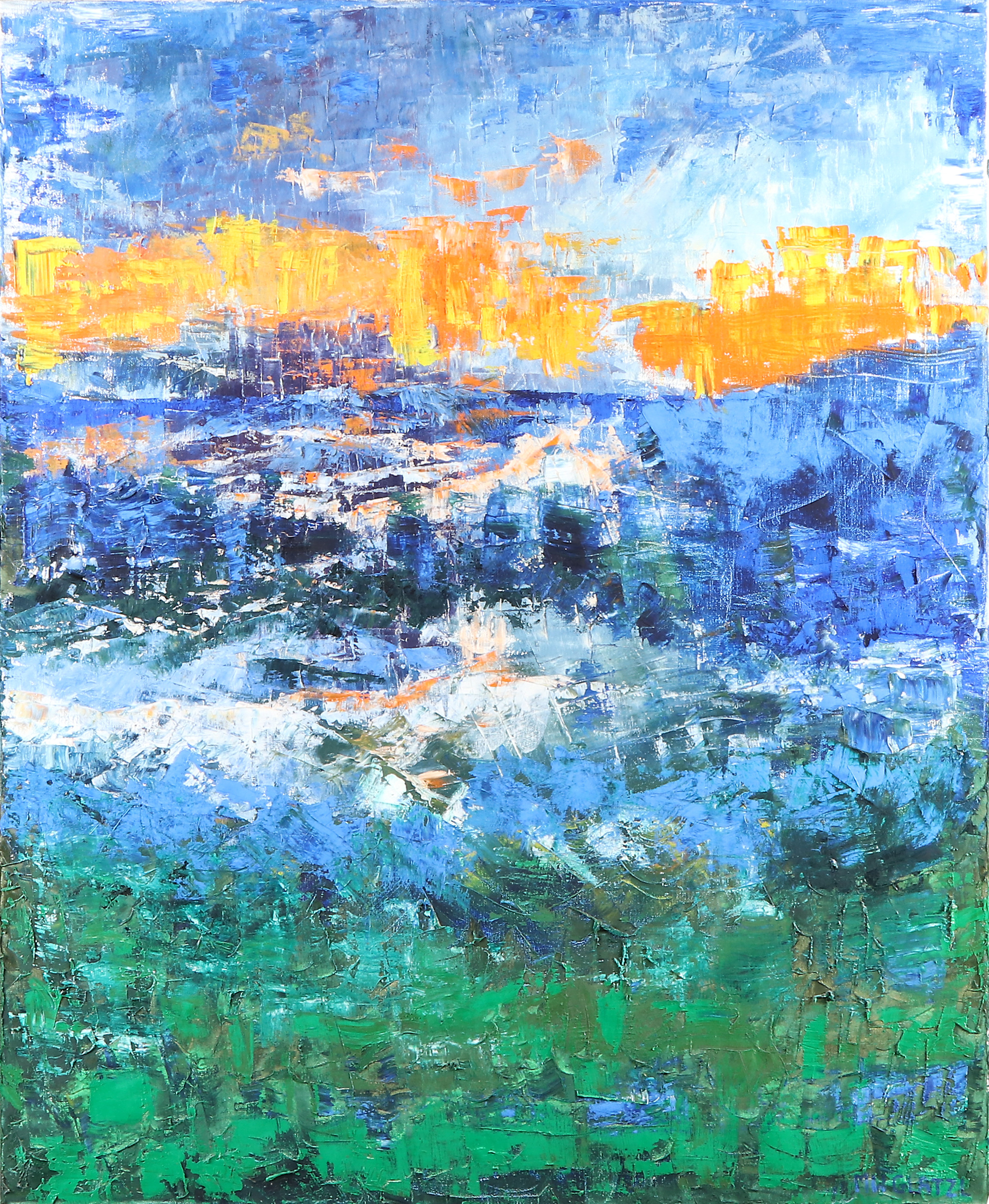 MONICA GLATZL. Oljemålning på duk. "Explosiv morgon". Signerad.