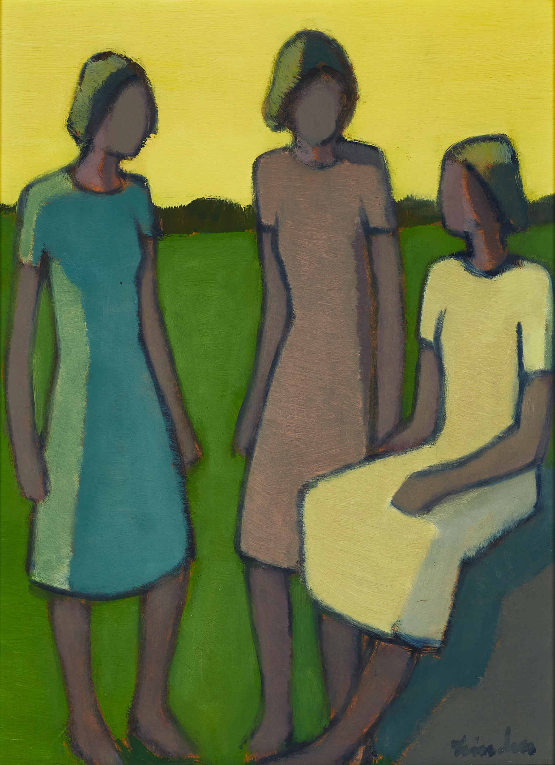 HELGE LINDÉN (1897‑1961), Tre kvinnor, signerad Lindén, olja på pannå.