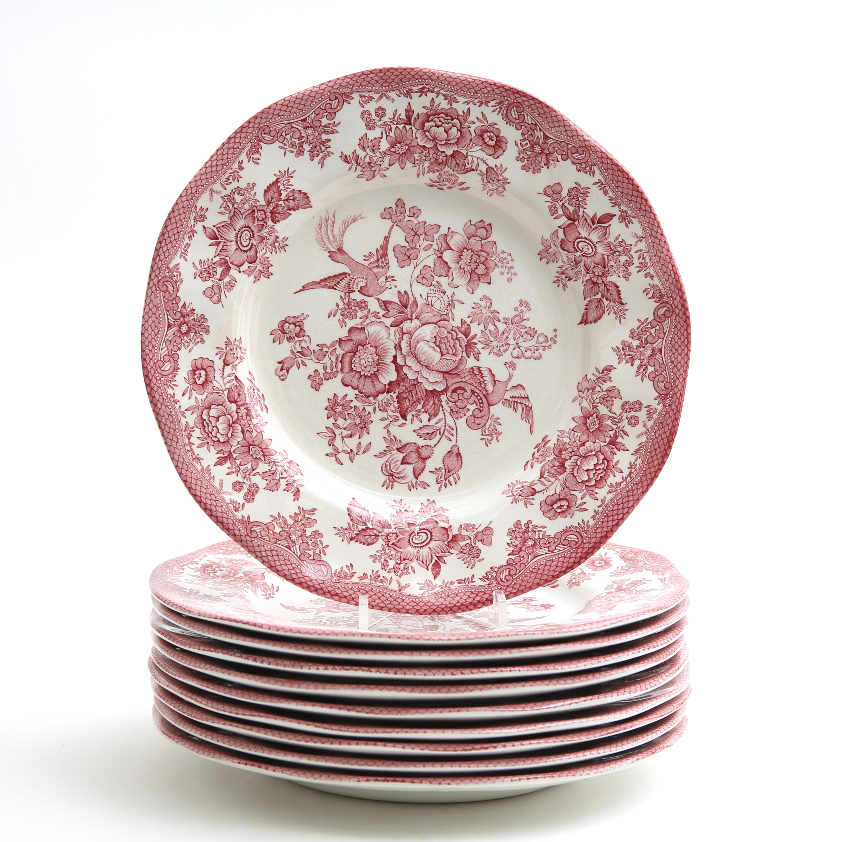 TALLRIKAR, 10 st, "Asiatic Pheasants", röd, Wedgwood, England, 1900-talets andra hälft.