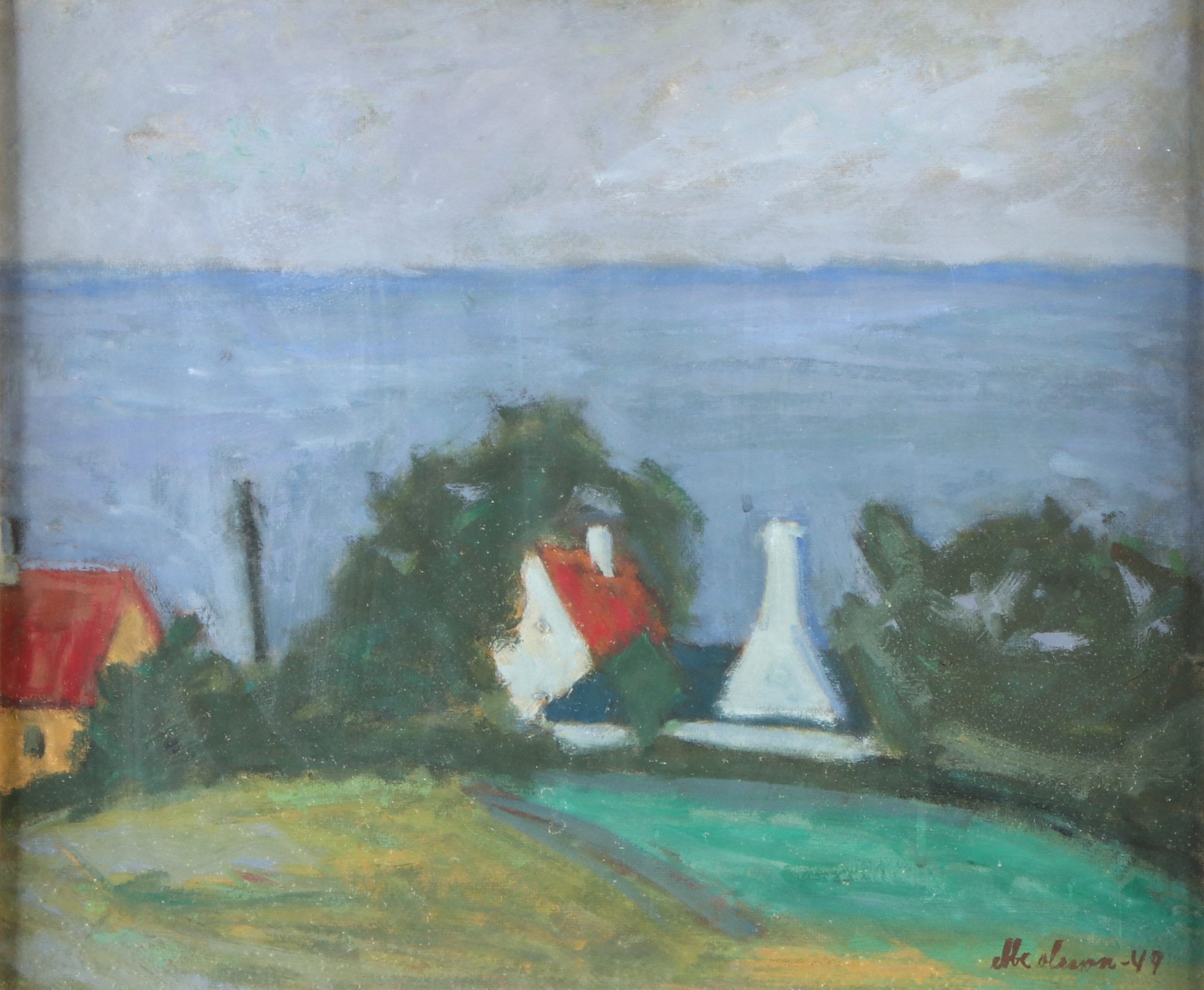 EBBE OLSSON. Gouache. Bebyggelse vid kust. Signerad och daterad -49.