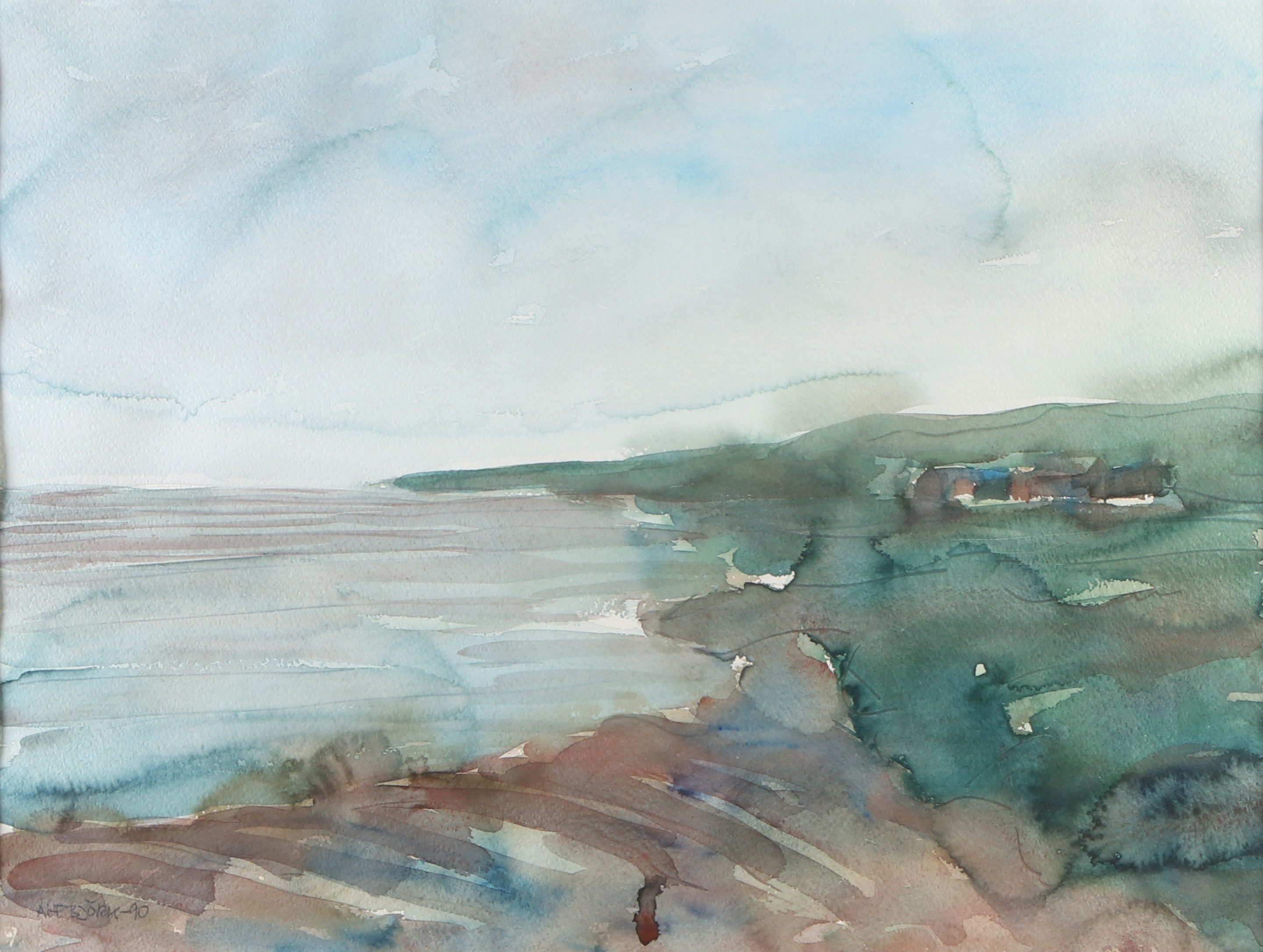 ALF BJÖRK. Akvarell. Kustlandskap. Signerad och daterad -90.
