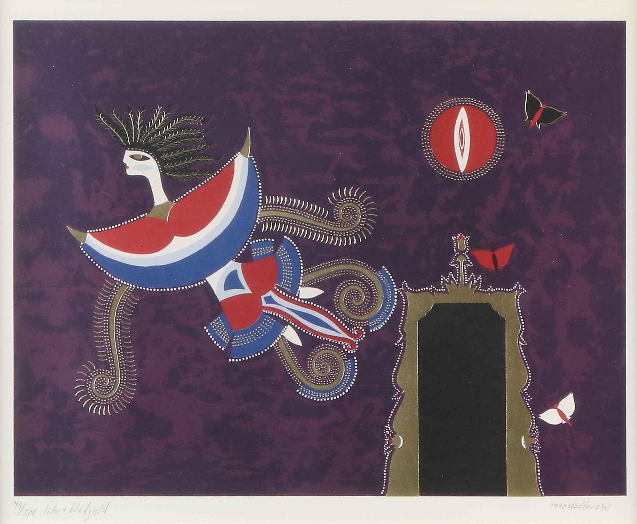 MAX WALTER SVANBERG. Litografi med baldguldsdekor, 40/300. Fantasifigur. Signerad.