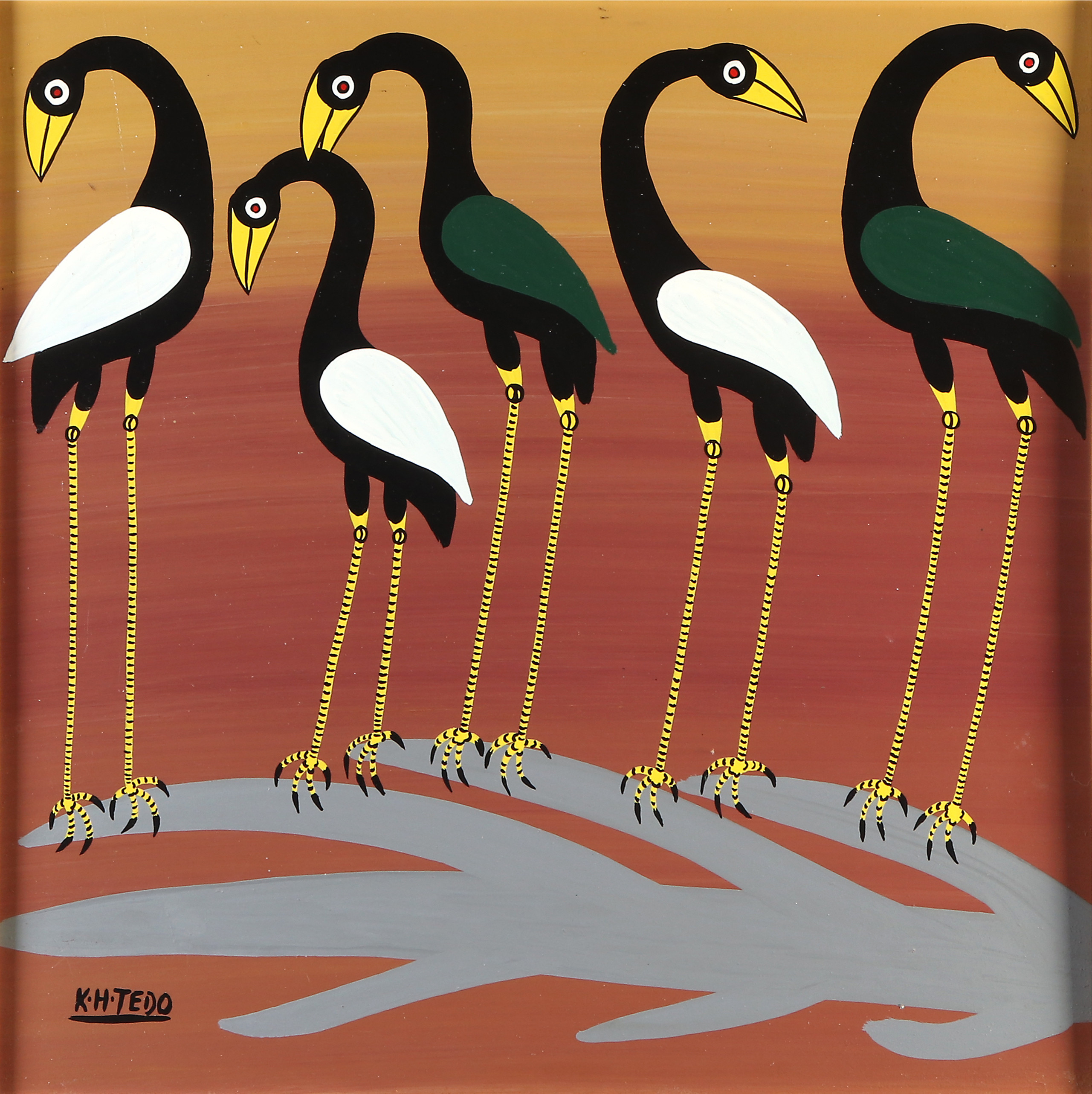 KASPER HENRIK TEDO. Akryl på pannå. Fåglar. Tinga-tinga. Signerad.