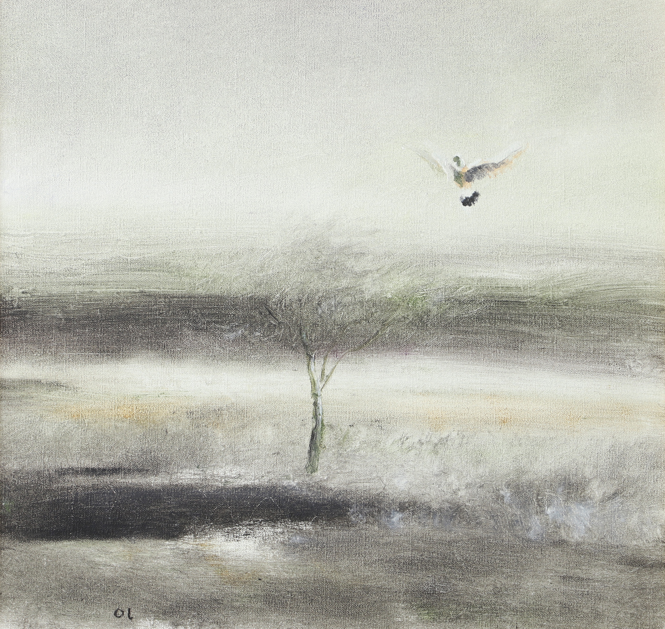 OLLE LINDGREN. Flygande fågel, olja på dul, signerad O.L.