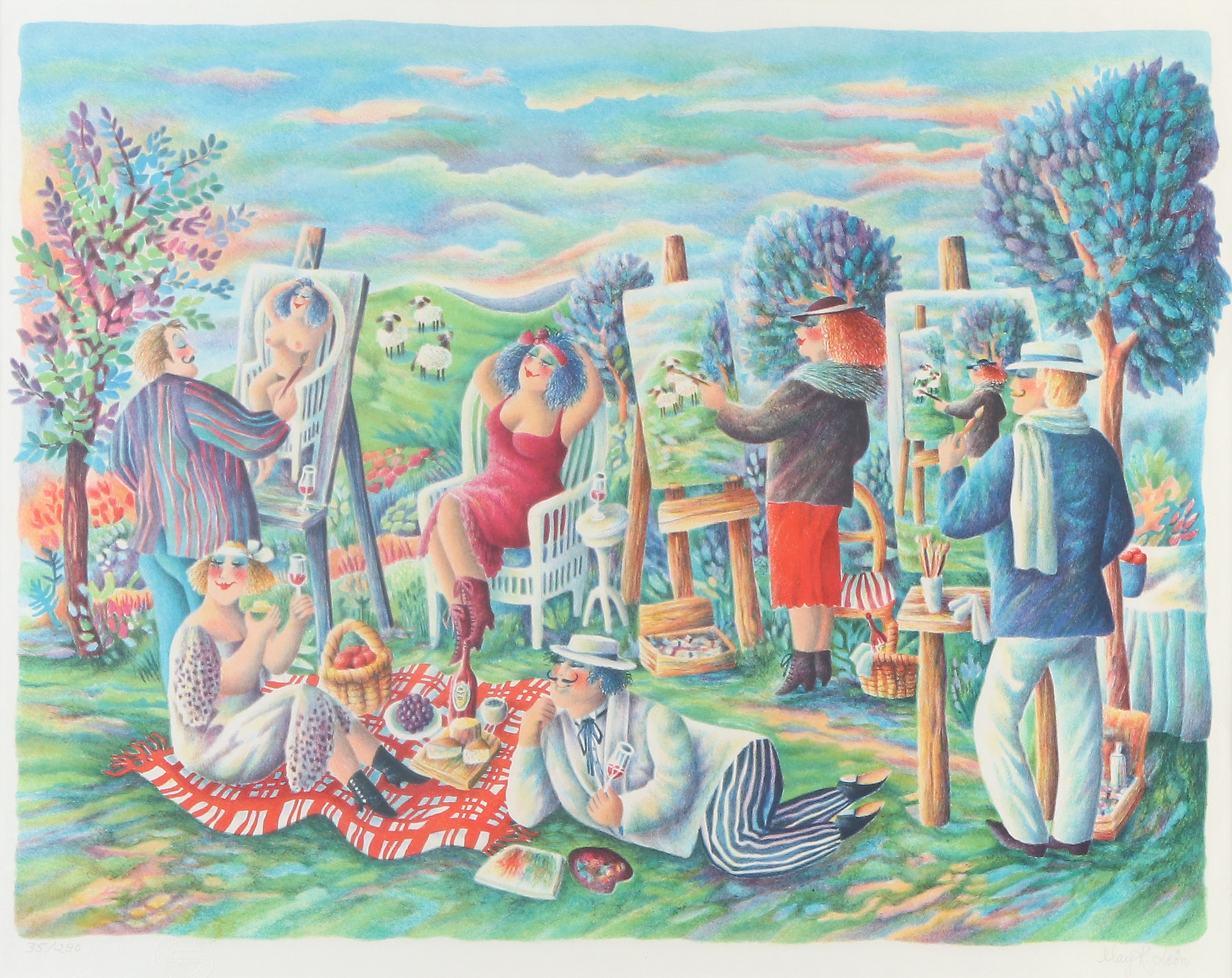 MAY K LEON. Litografi, 35/290. Konstnärer i landskap. Signerad.