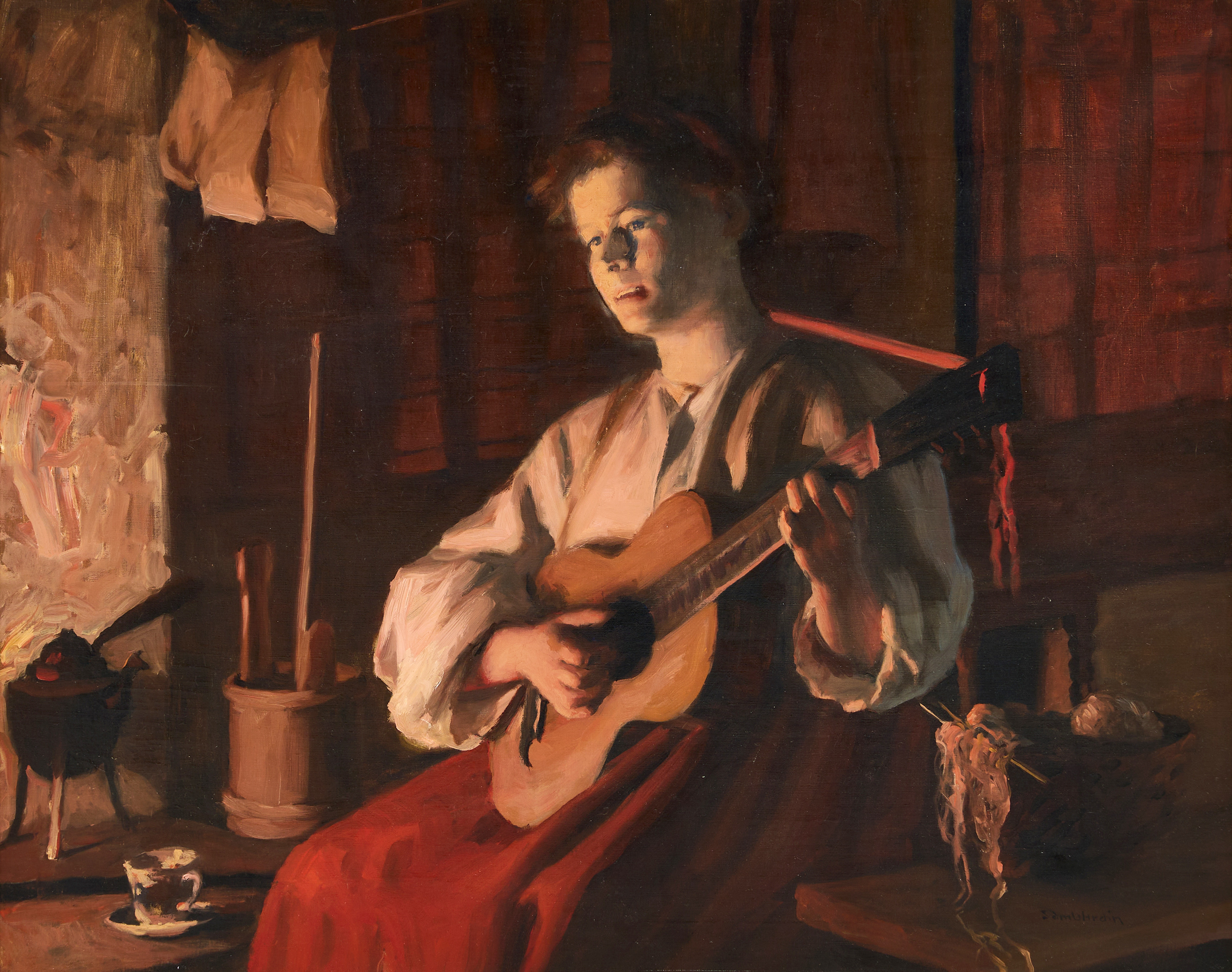 SAM UHRDIN (1886-1964). "Liten Kvällsmusik", signerad Sam Uhrdin samt signerad Sam Uhrdin pinx a tergo, olja på duk.