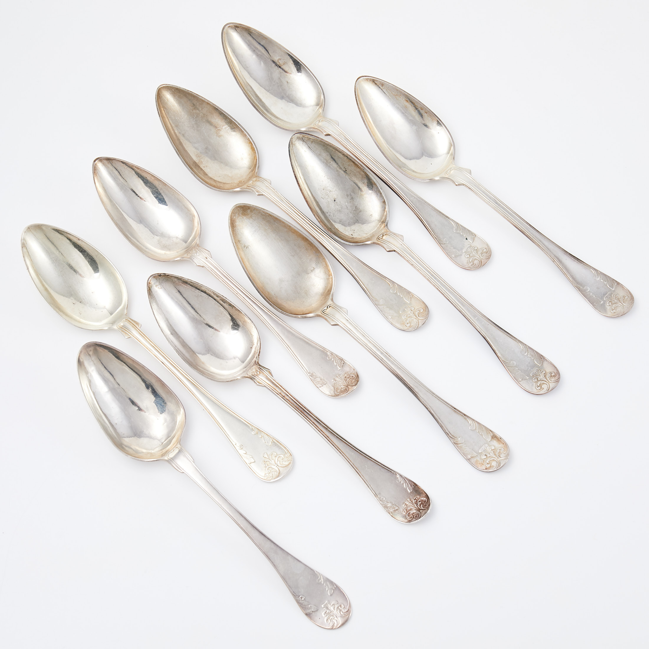 MATSKEDAR, 9 st, silver, "Gammal Fransk", olika tillverkare bl.a. Axel Rosin, Kalmar 1800-tal, enstaka 1900-tal.