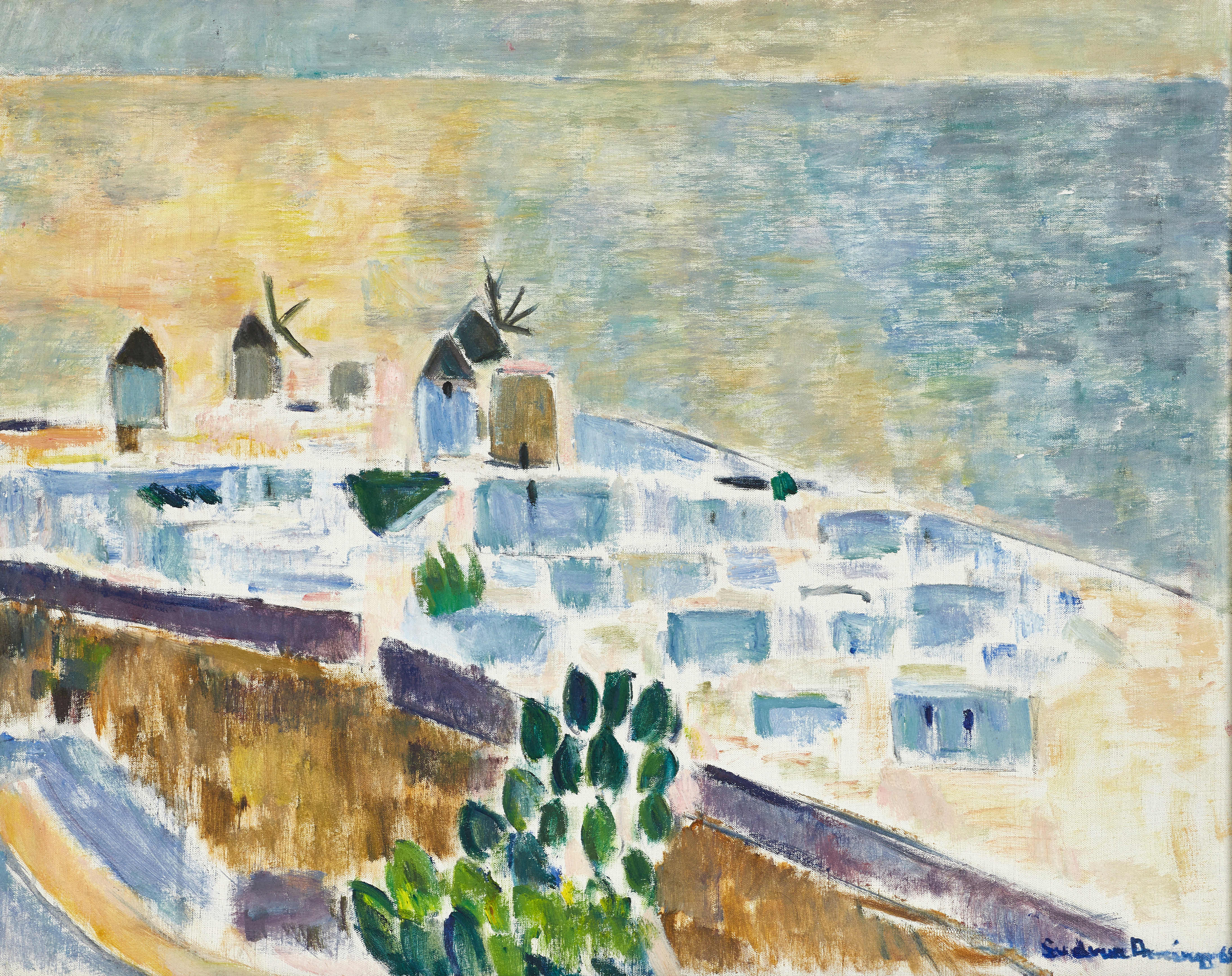 GUDRUN ARNINGE (1912-1994), Soligt kustlandskap, olja på duk.