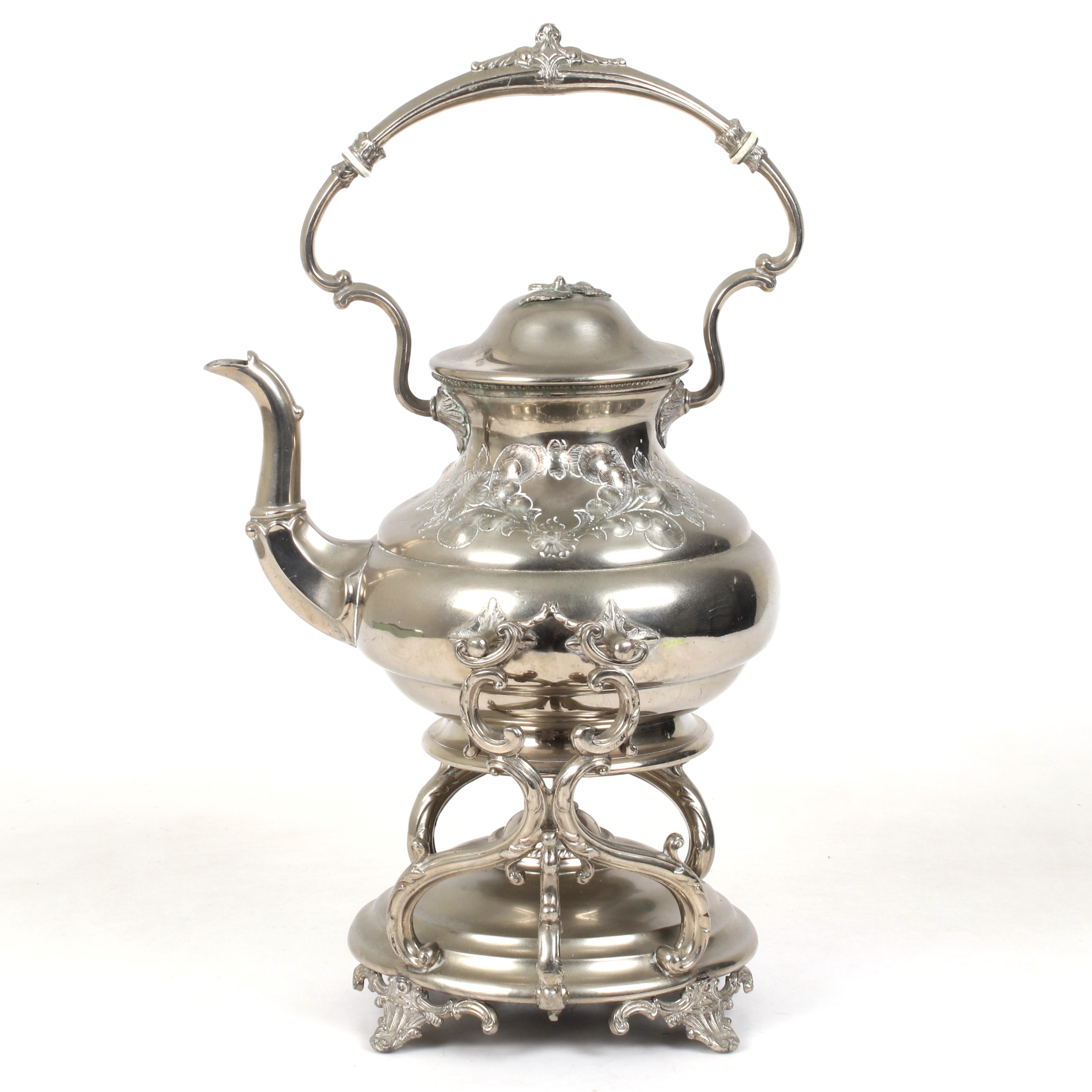 TEKANNA, på ställning med rechaud, tenn, tidigt 18/1900-tal.