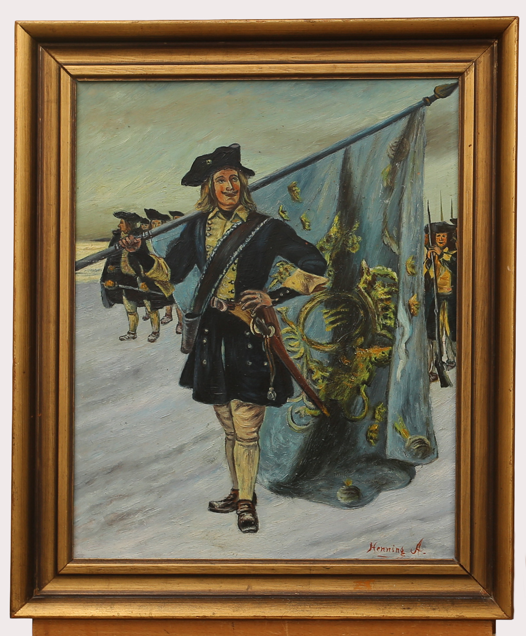 Olja på pannå, flaggbärande karolin, signerad Henning A.