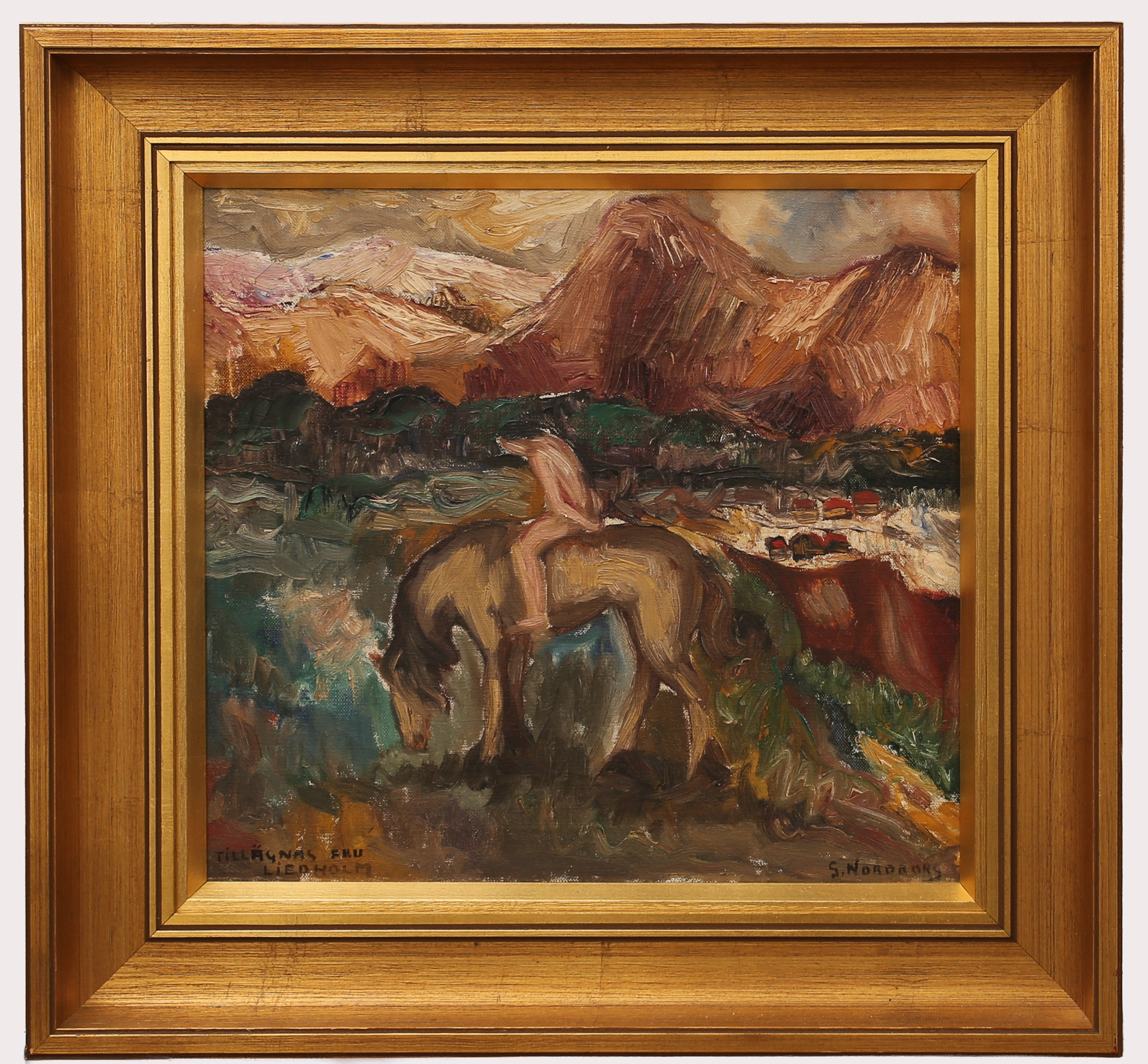 GUNNAR NORDBORG 1904-1945. Olja på pannå, naken man på häst, signerad.