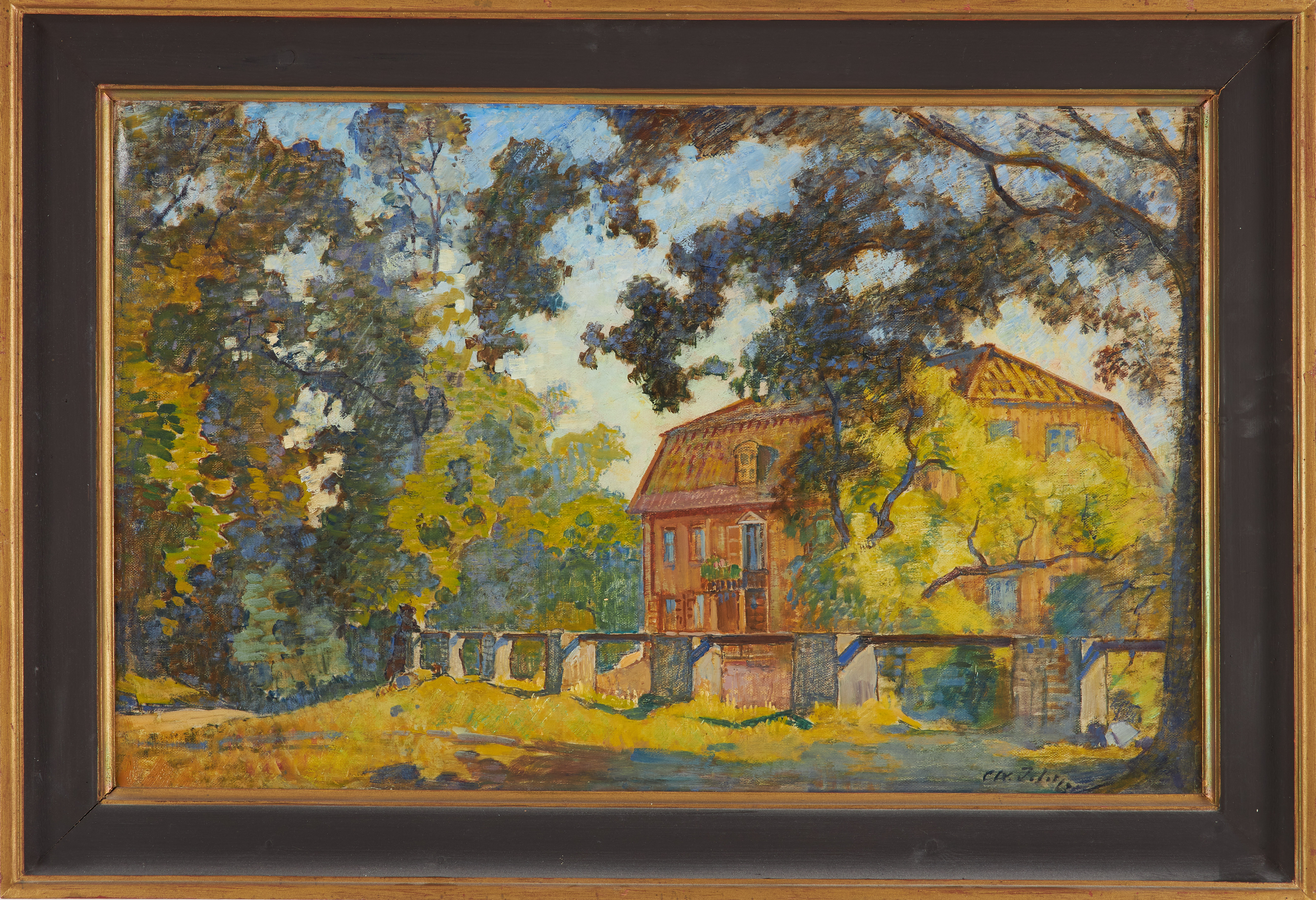 AXEL PETER. Trädgårdsmotiv med byggnad, olja på duk, signerad.