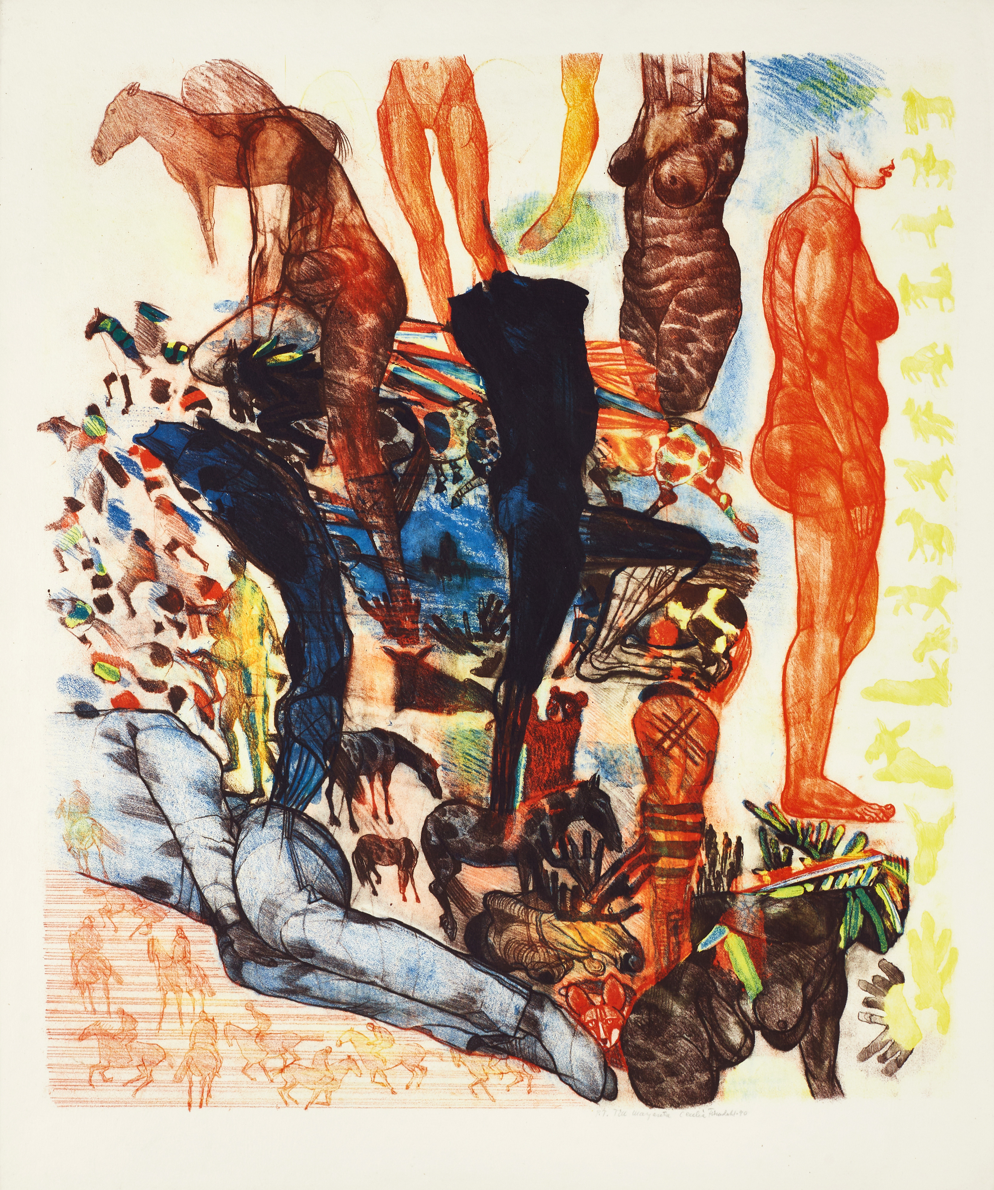 CECILIA FRISENDAHL (1922-2014). Komposition av kroppar och hästar, signerad och daterad -90, PT, färglitografi.