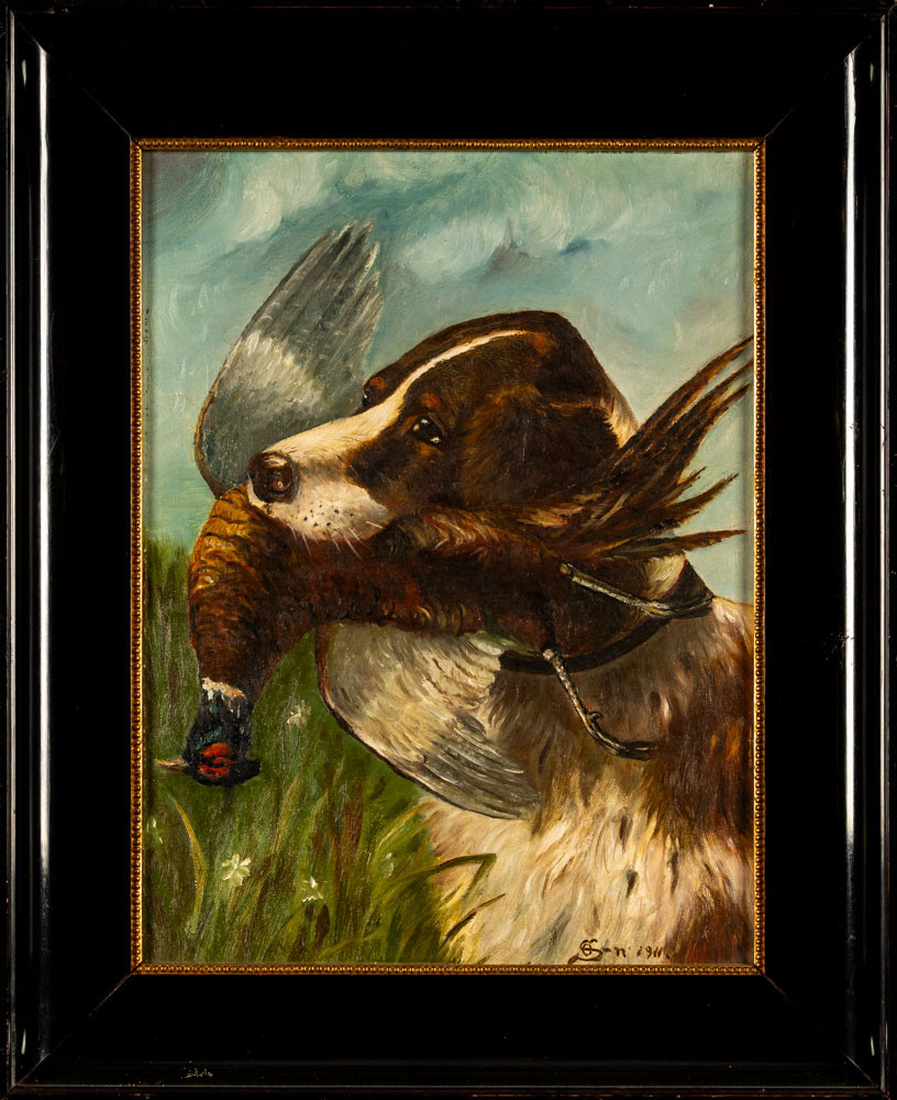 Olja på duk, signerad, daterad 1911, motiv "hund med fasan".