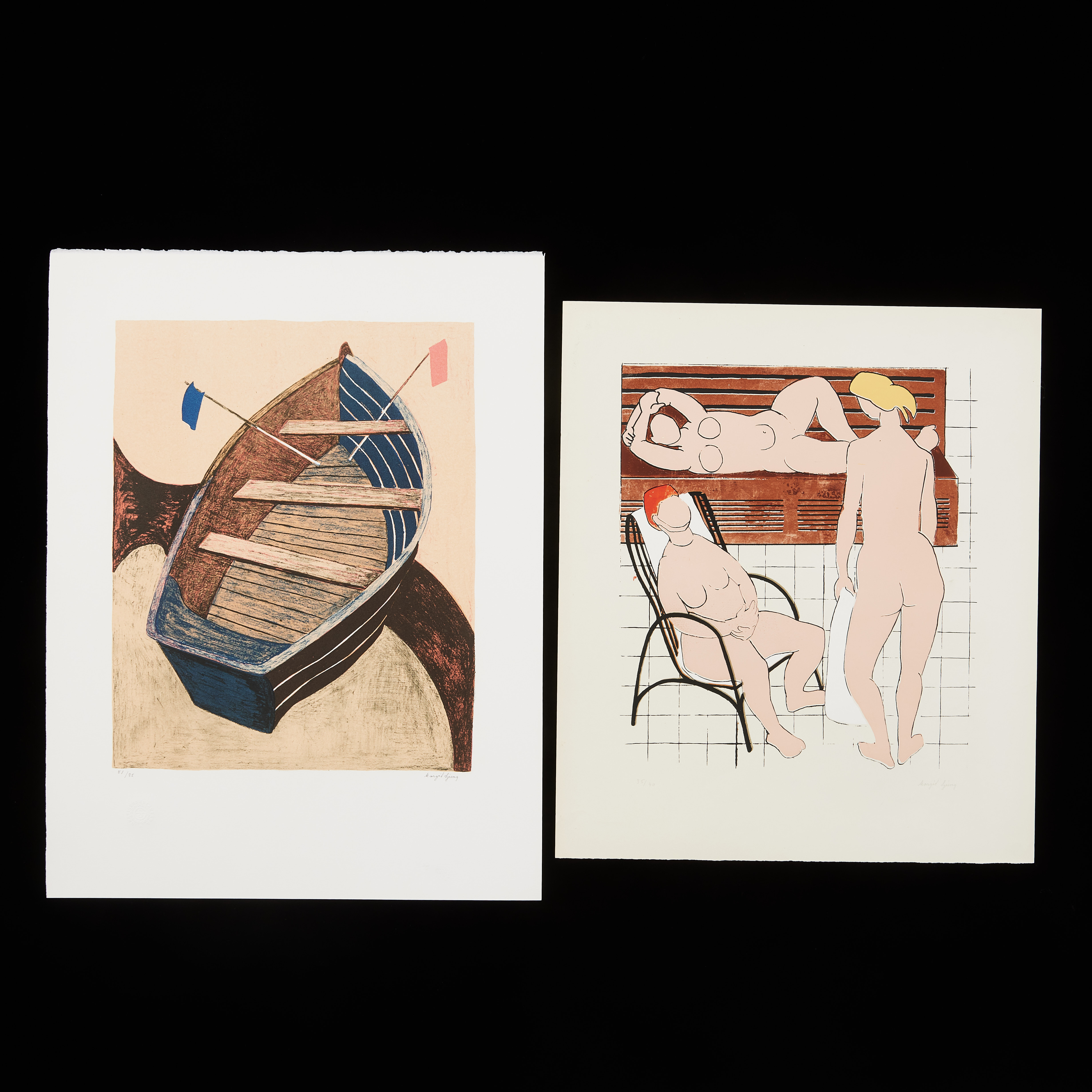 MARGIT LJUNG (1918-1988). (2) färglitografier, badande, båt.