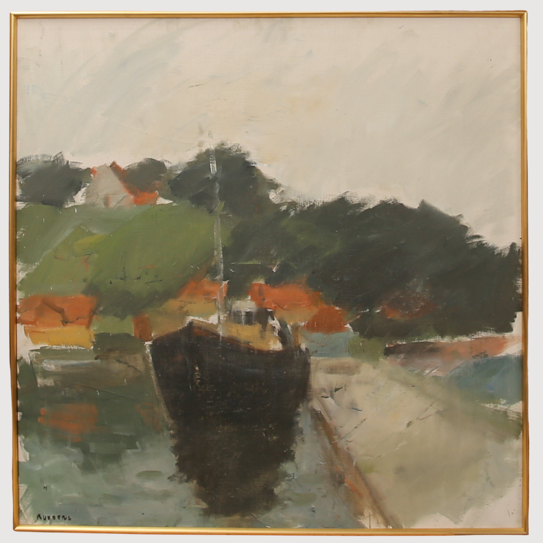 GUSTAV RUDBERG. Olja på duk, hamnbild, Ven, St. Ibb, signerad Rudberg.