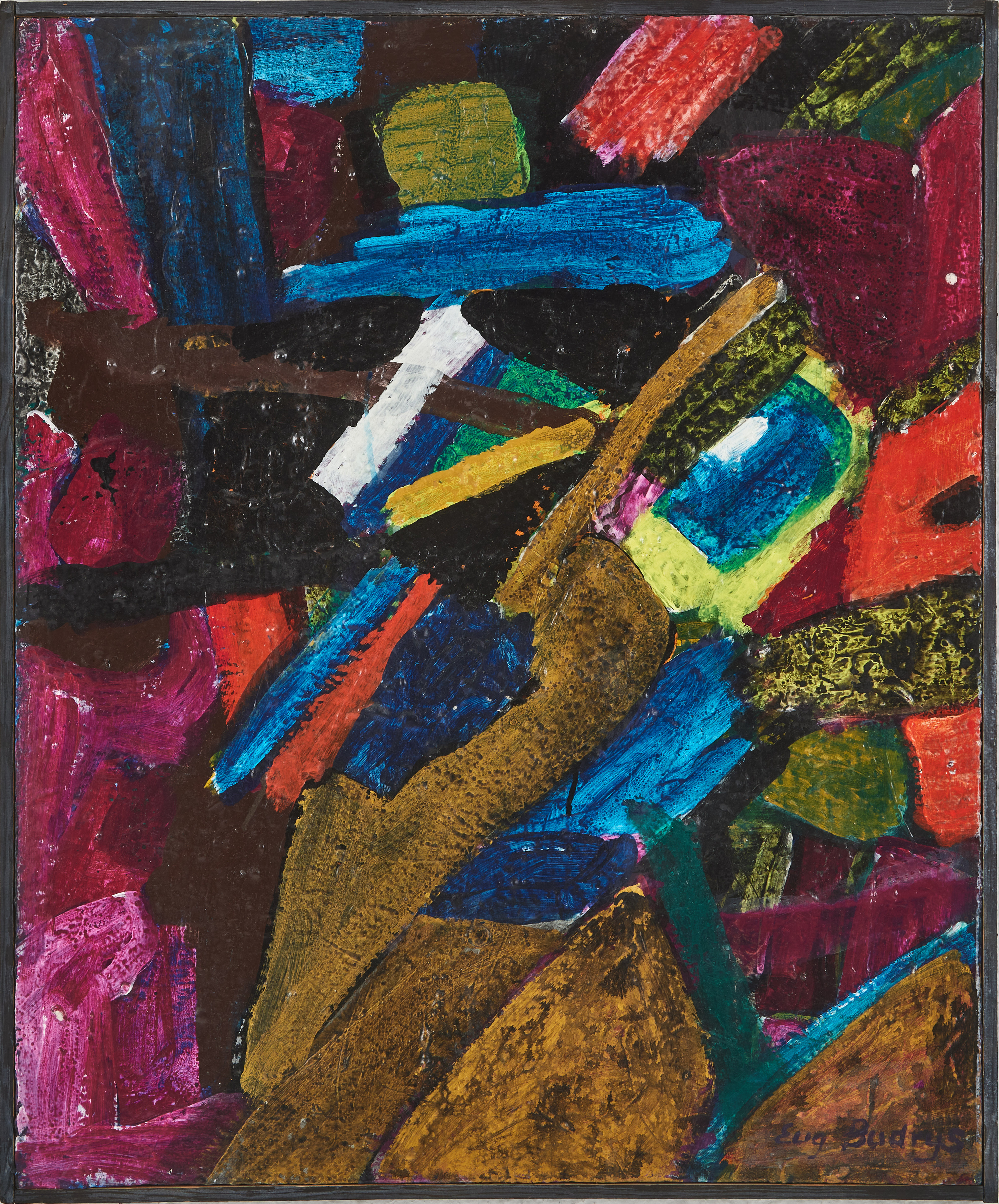 EUGENIJUS BUDRYS (1925-2007). Abstrakt komposition, blandteknik på duk, signerad.
