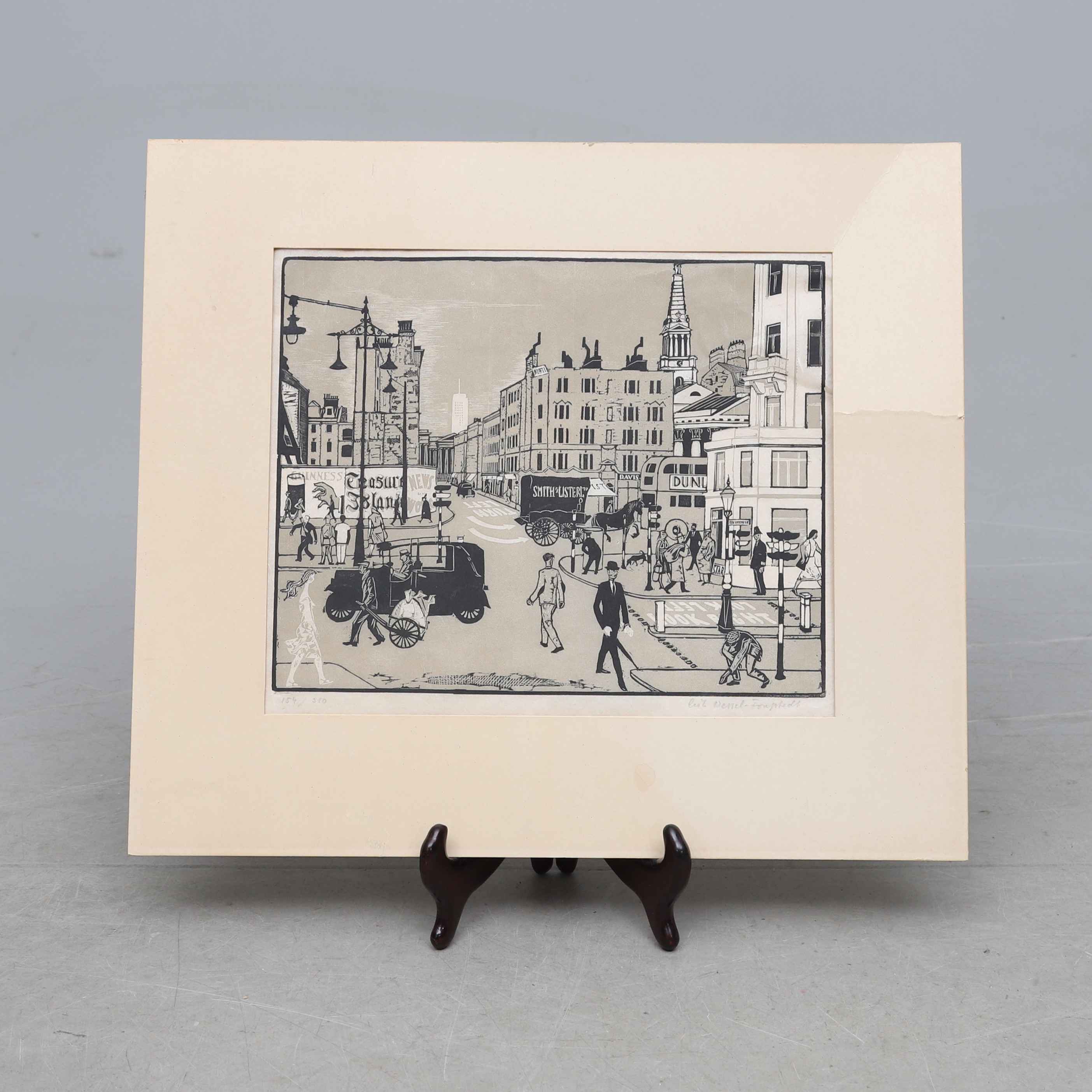 ERIK WESSEL-FOUGSTEDT. Träsnitt, gatuscen, signerad och numrerad 154/310.