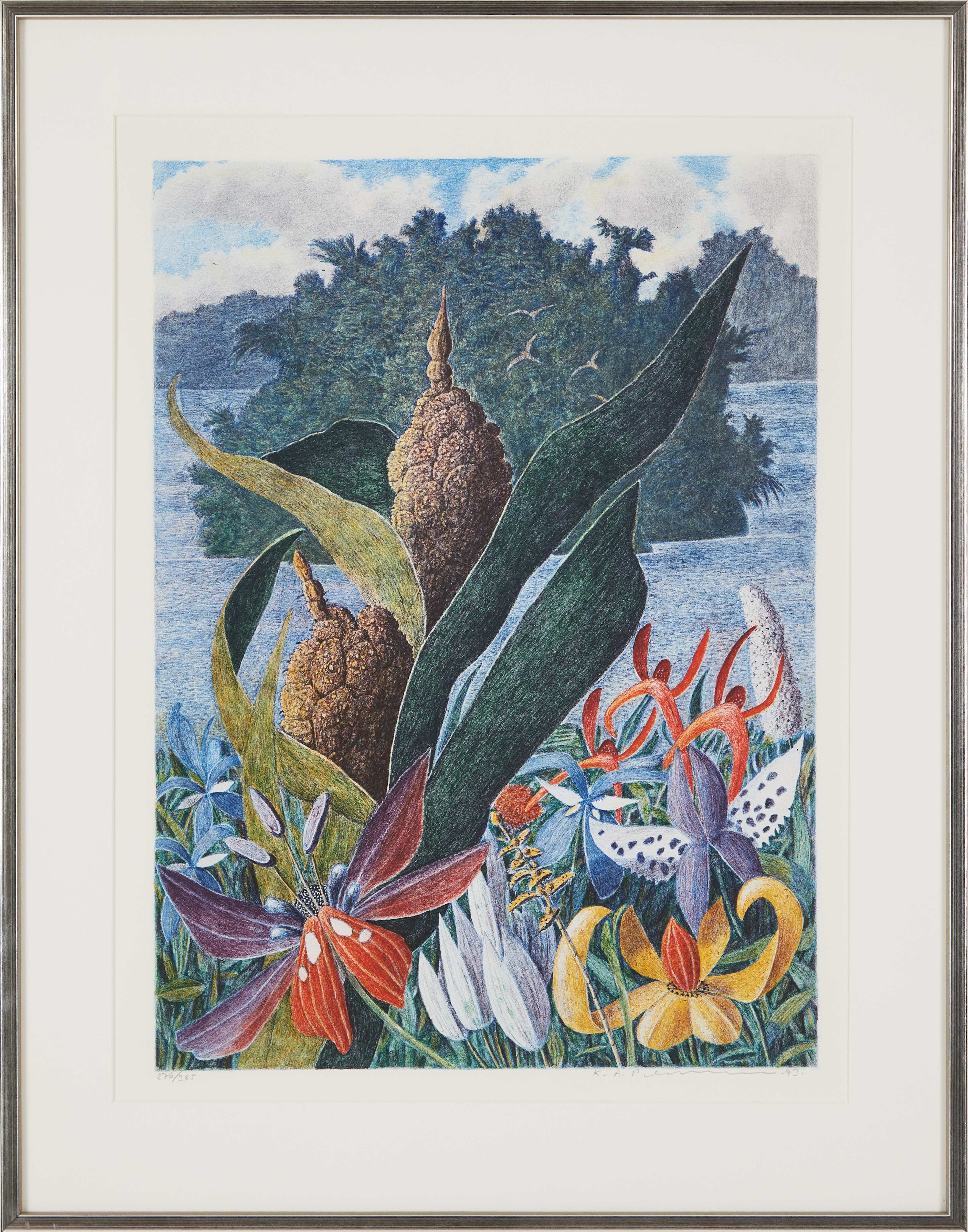 KARL AXEL PEHRSON. Ö med blommor i förgrunden, färglitografi, signerad.