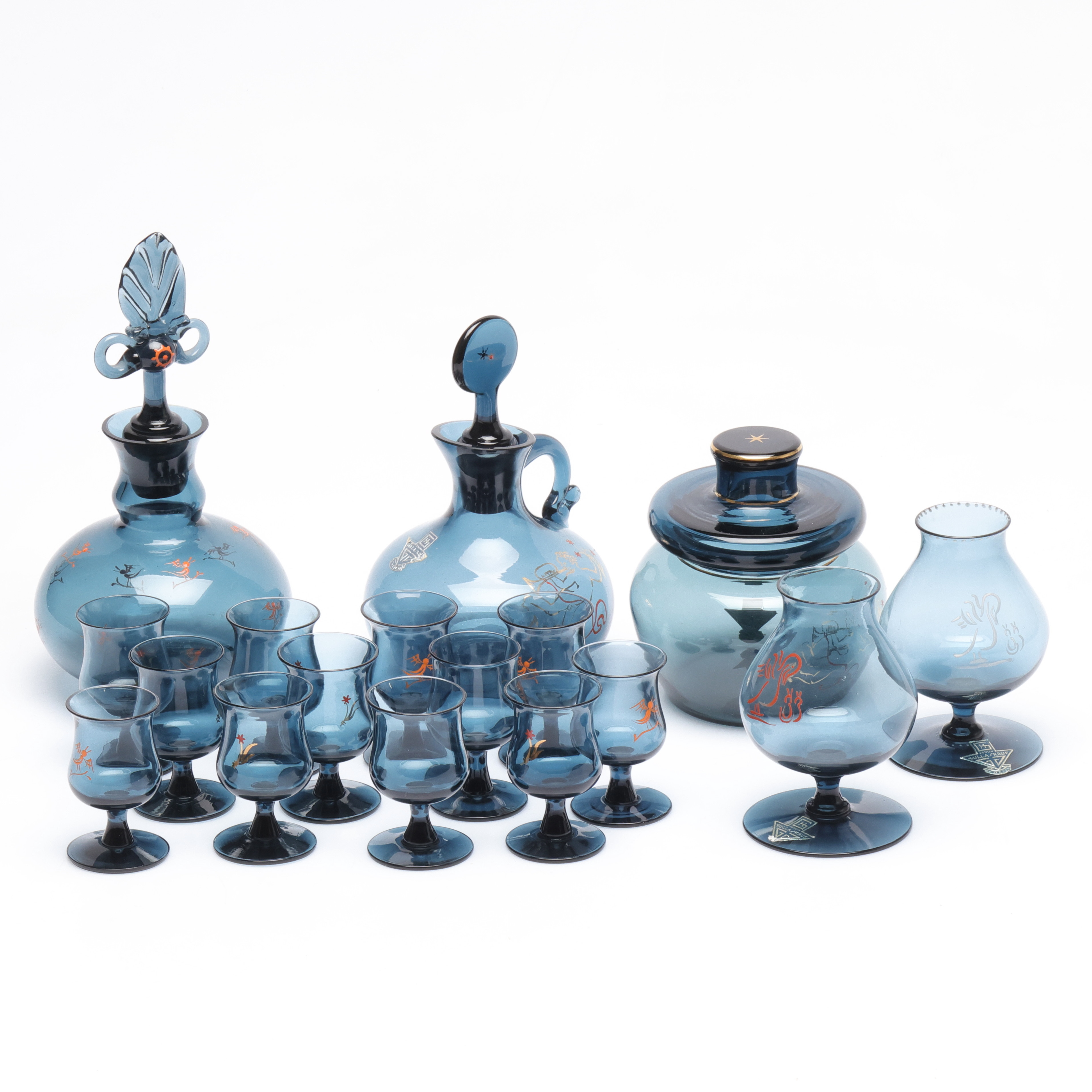 HUGO GEHLIN. servisdelar, 17 delar, glas, emaljmåleri, Gullaskrufs glasbruk.