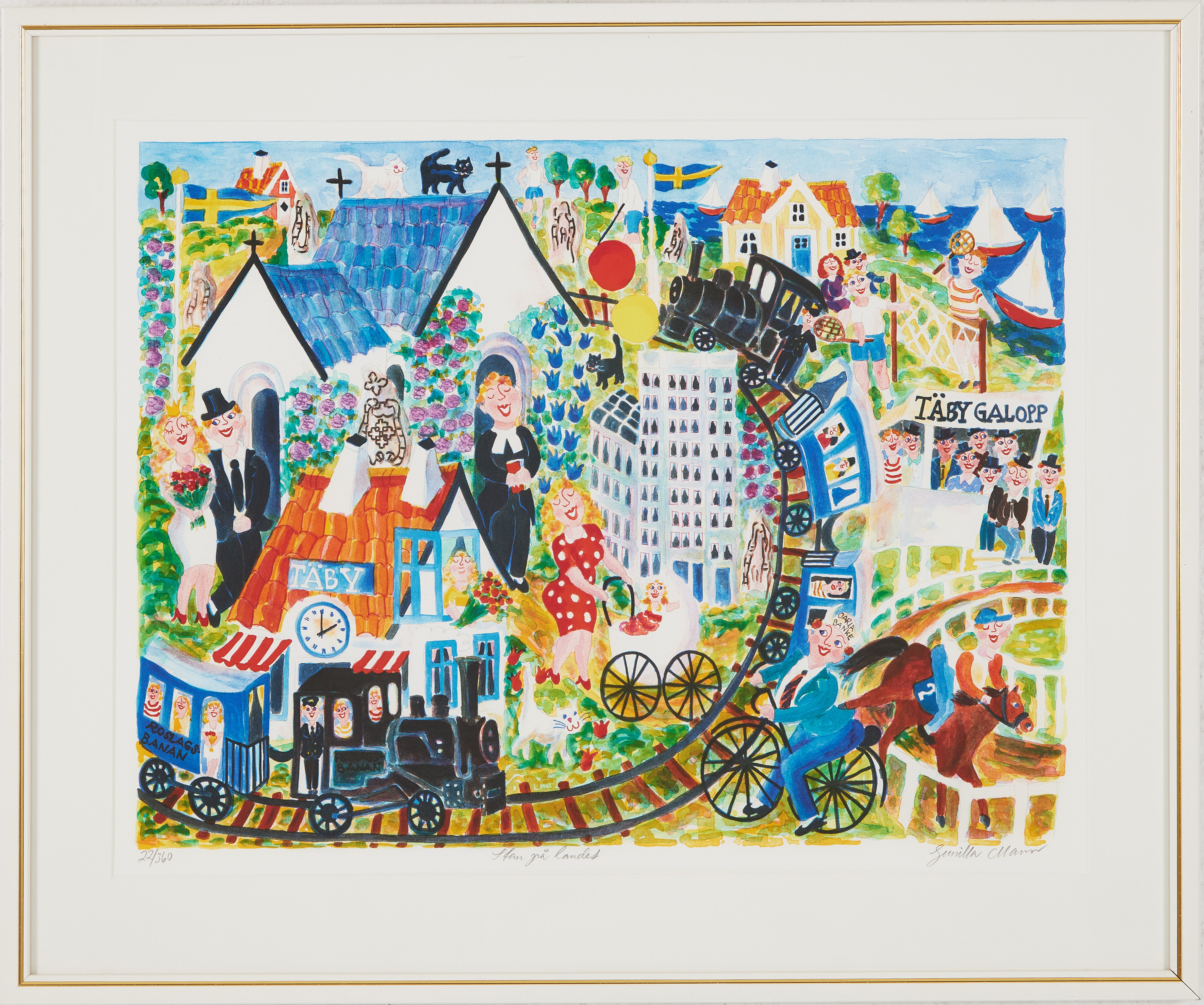 GUNILLA MANN. "Stan på landet", färglitografi, signerad.