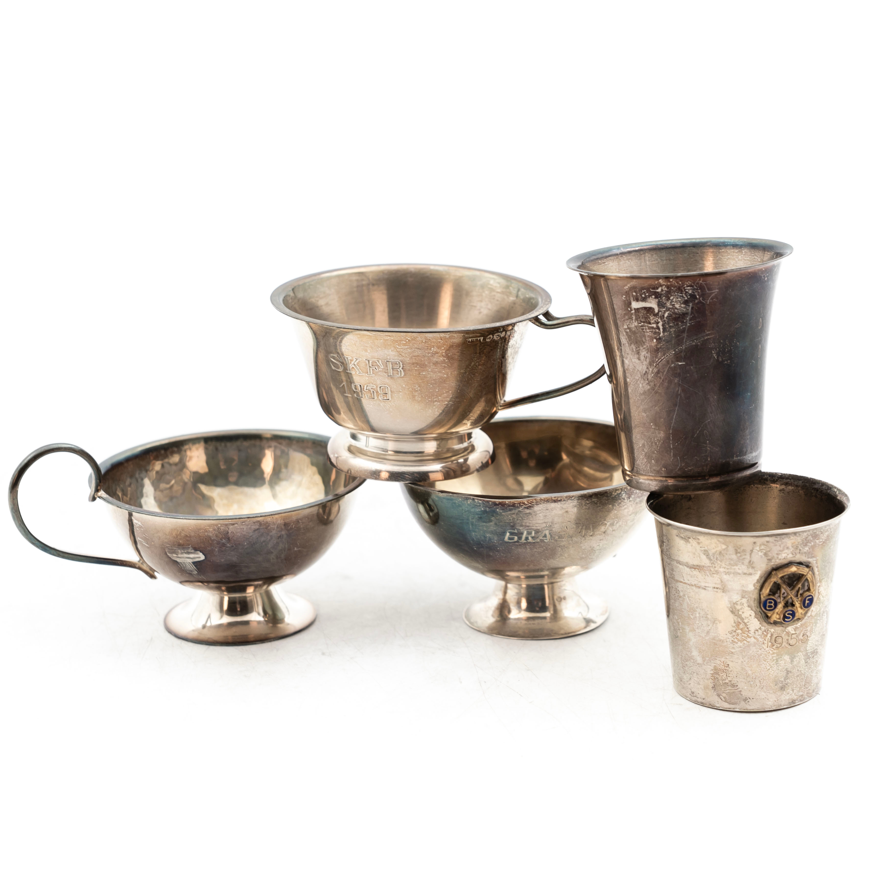 SAMLING SILVER, Punschmuggar/ Snapsglas, 5 delar, 1900-tal.