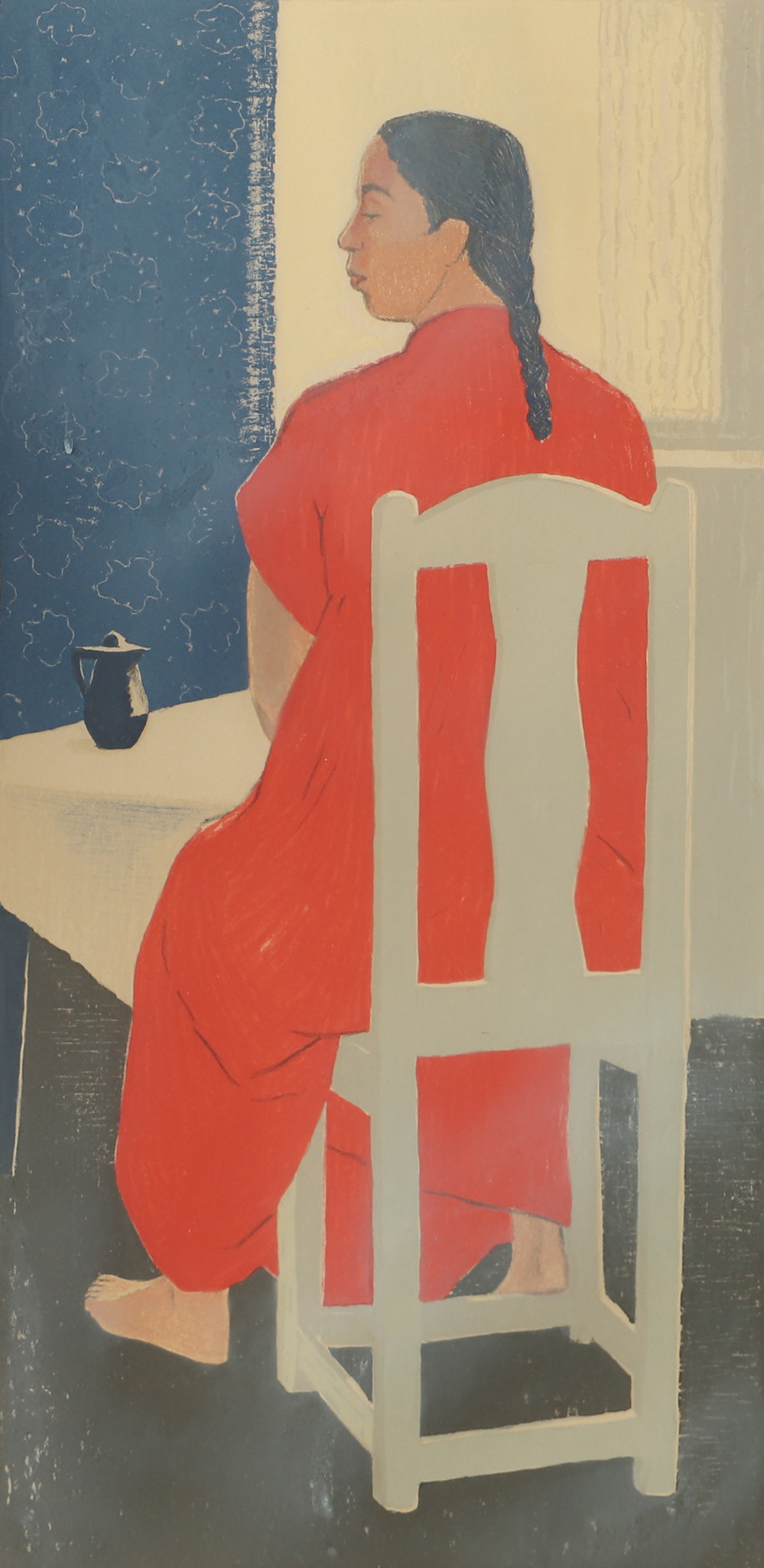 EINAR ROSÉN. Kvinna i rött, färglitografi, signerad.