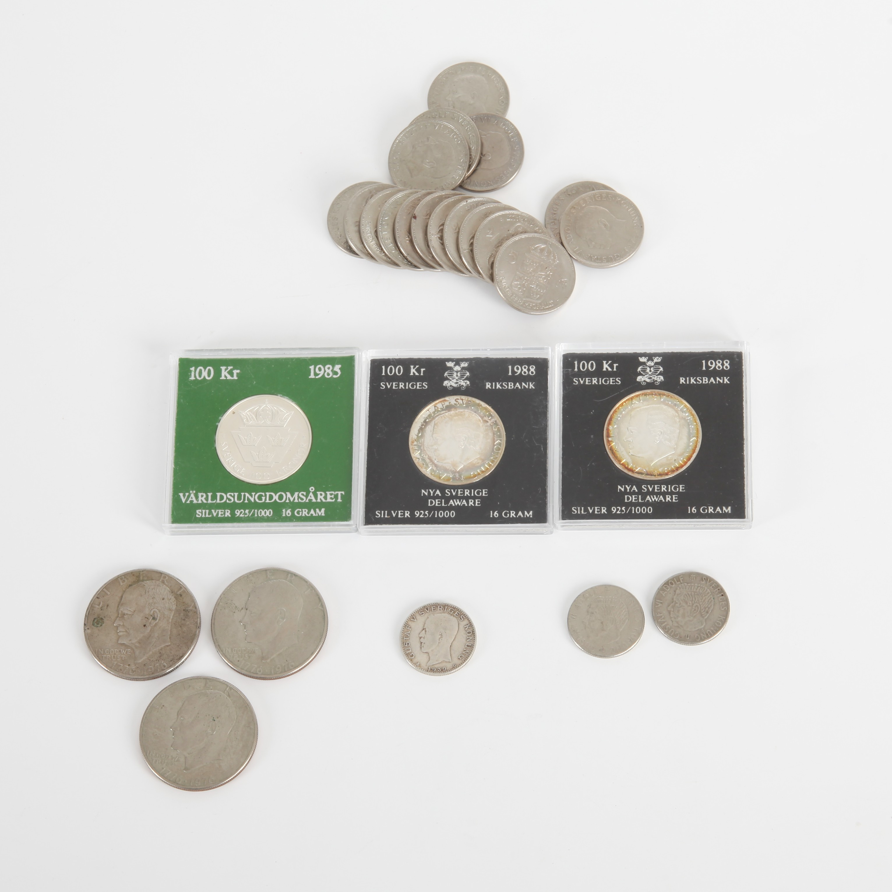MYNTSAMLING, 100 kr, 5 kr, och 1 kr Sverige samt Eisenhower dollarmynt USA.