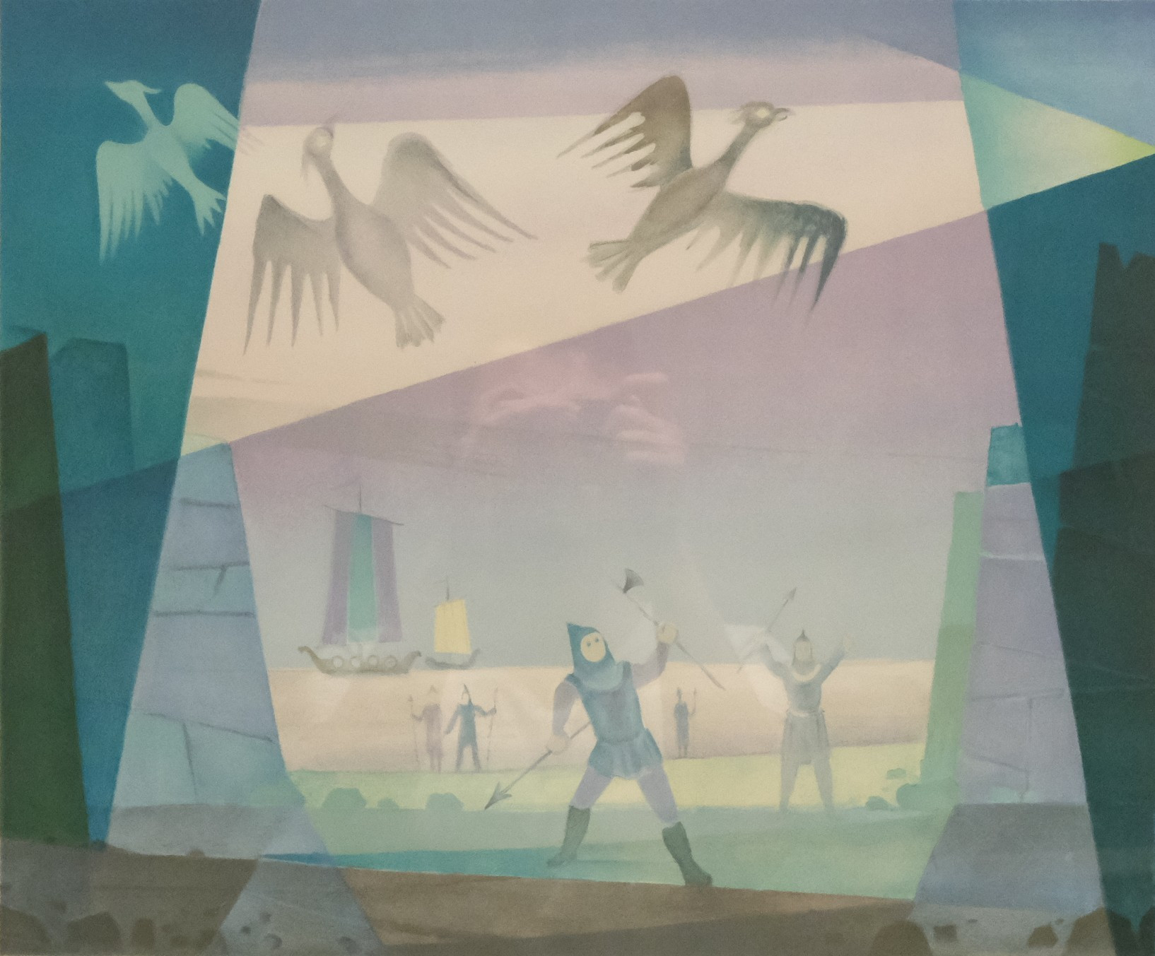 SVEN JONSON. "ÖRNAR ÖVER STADEN", FÄRGLITOGRAFI.