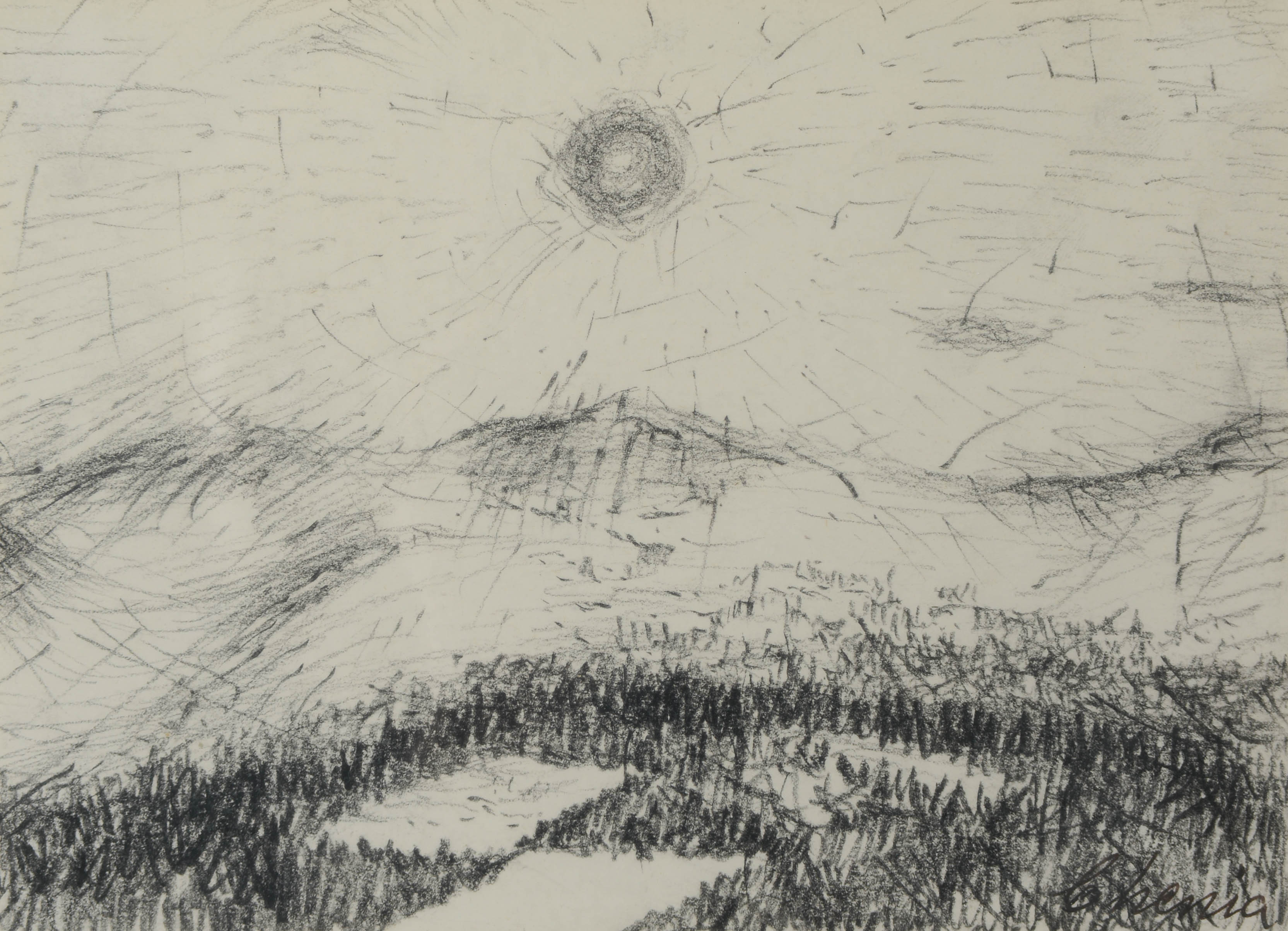 CHENIA EKSTRÖM. Landskapsmåleri med sol, teckning, signerad.