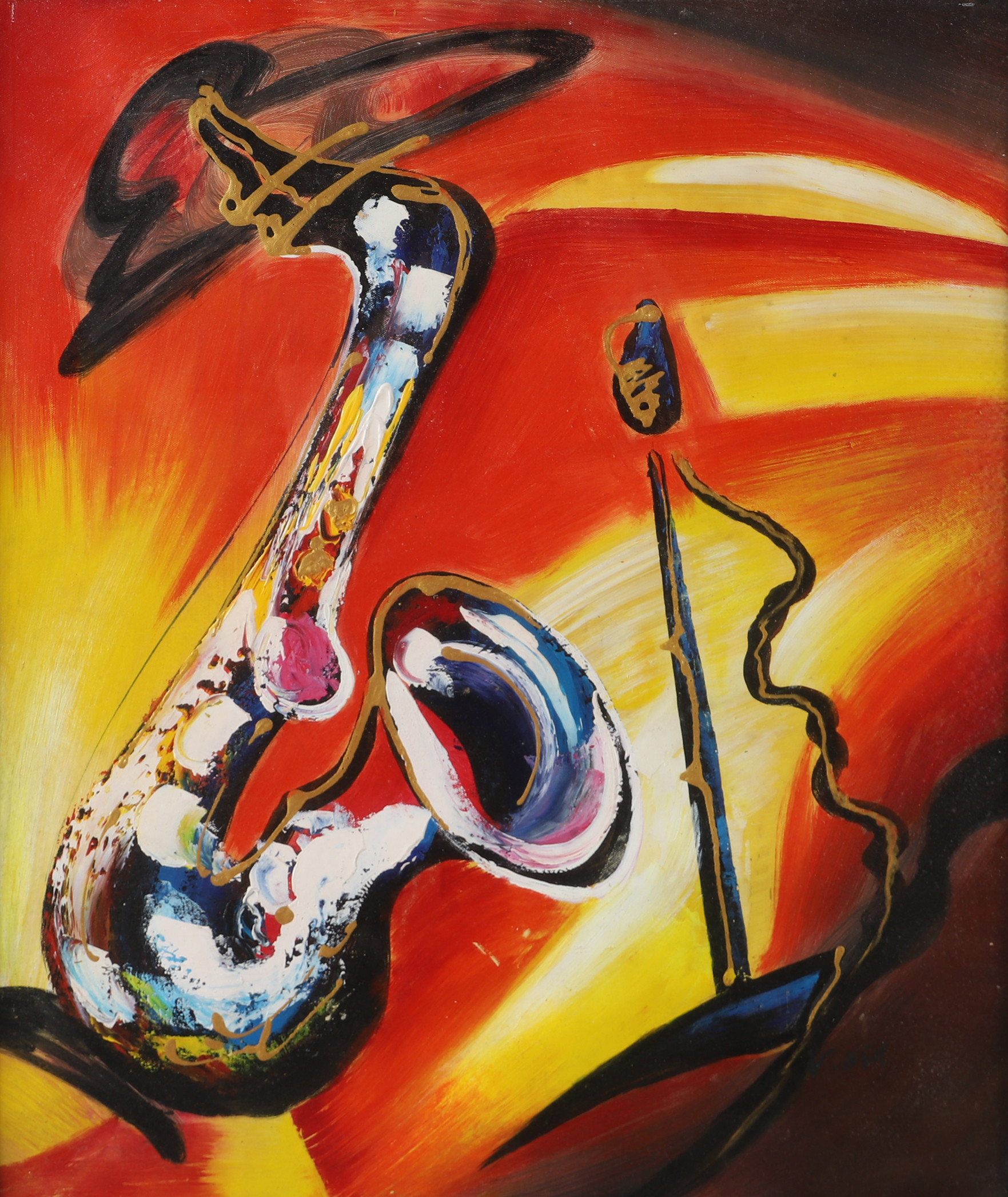 OIDENTIFIERAD KONSTNÄR. Komposition med saxofon, olja på duk, otydligt signerad.