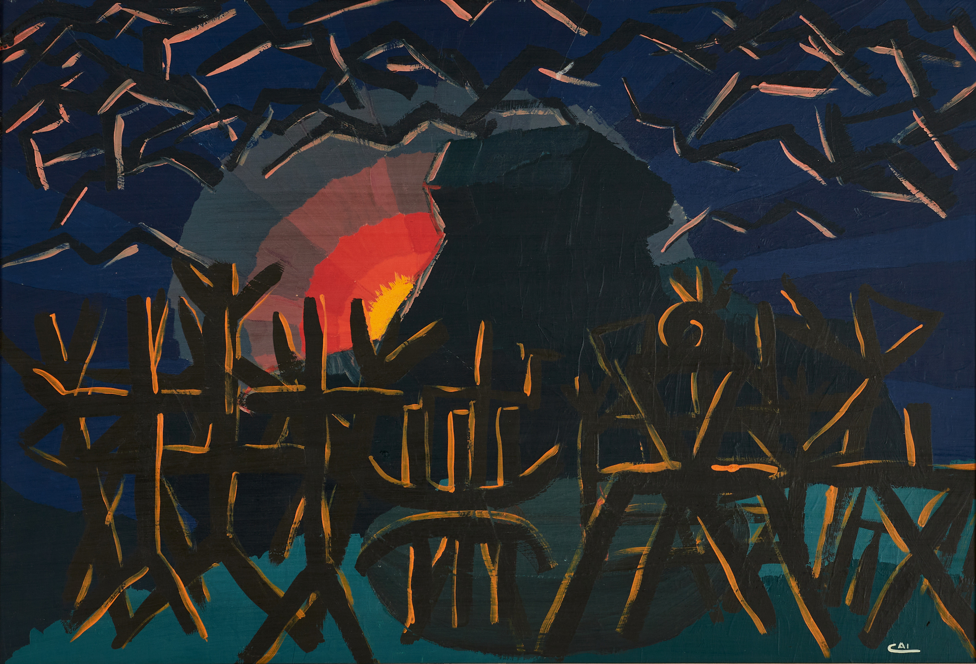 CAI POULSEN (1920 - 1997). Soluppgång - Norrland, signerad CAI, olja på pannå.