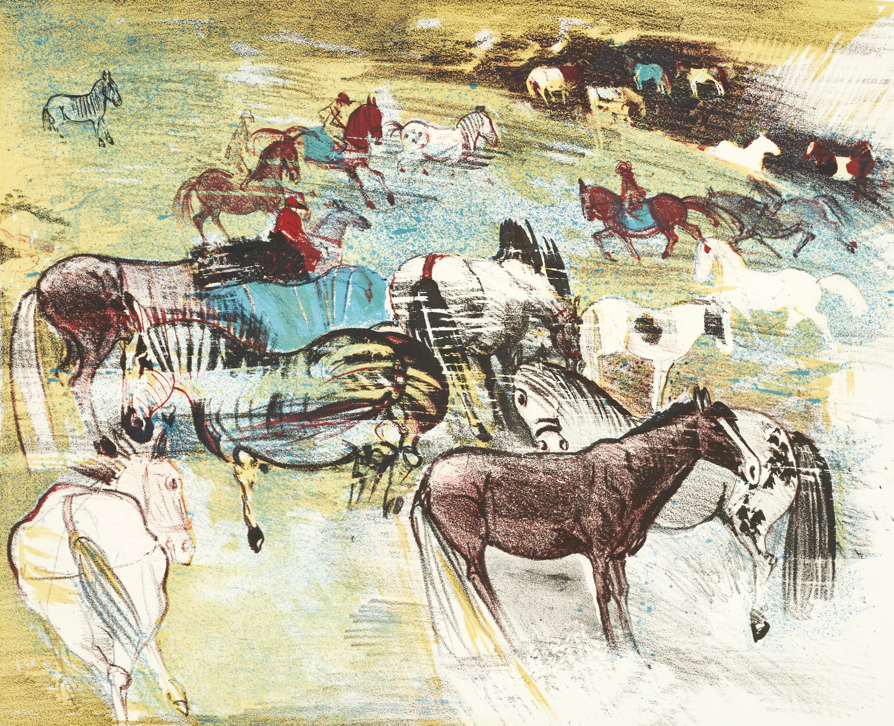 CECILIA FRISENDAHL (1922-2014). Hästar, signerad och daterad -94, numrerad 77/250, färglitografi.